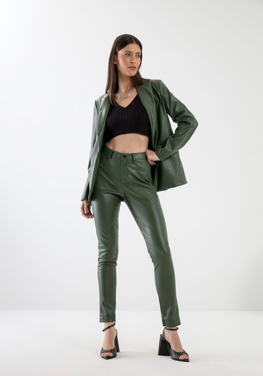 Calça Skinny em PU com Cintura Alta, VERDE TURFA. Calça Skinny em PU com Cintura Alta, VERDE TURFA, large.