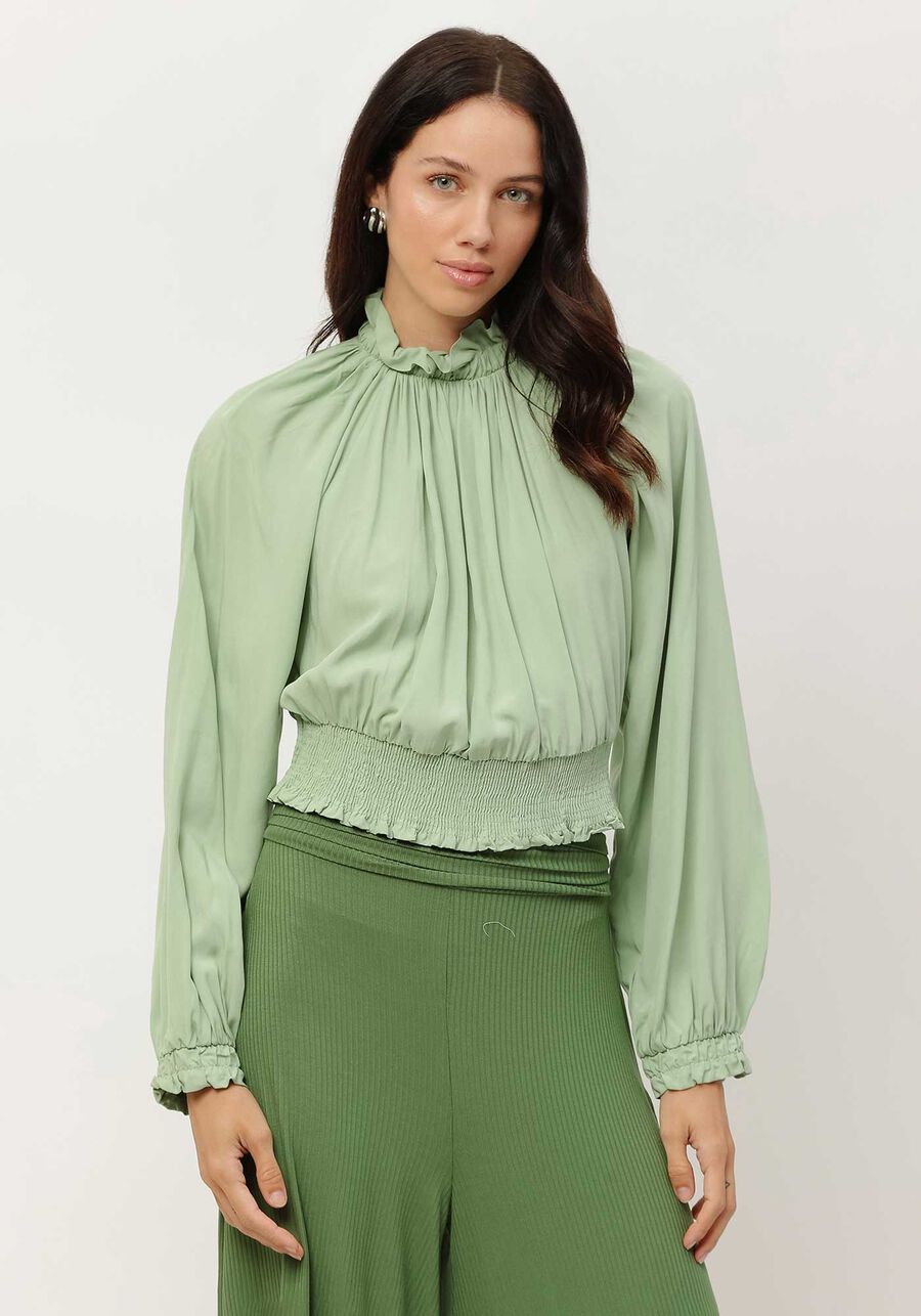 Blusa Manga Longa Franzida com Gola Alta, . Blusa Manga Longa Franzida com Gola Alta, , large.