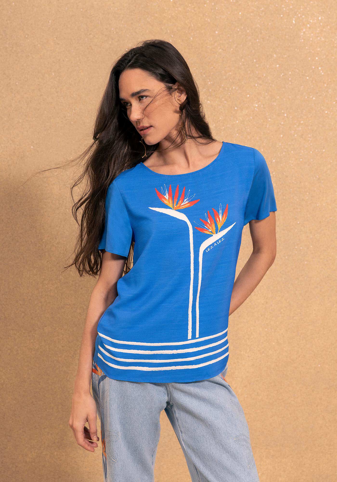 Blusa Com Frente Estampada E Decote Redondo De Mangas Curtas, AZUL NAIVE, large.