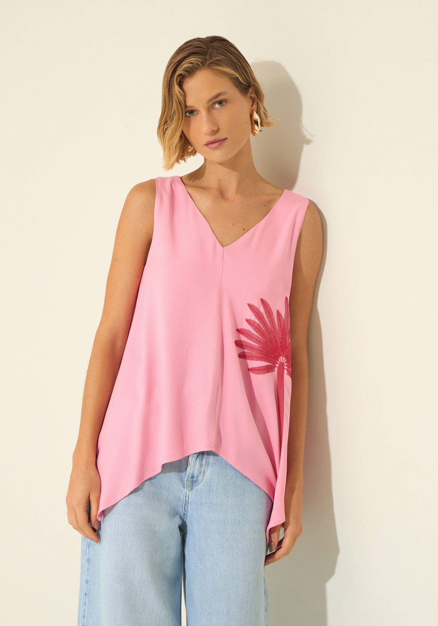 Blusa Com Decote Em V E Estampa Localizada, ROSA AGATE, large.