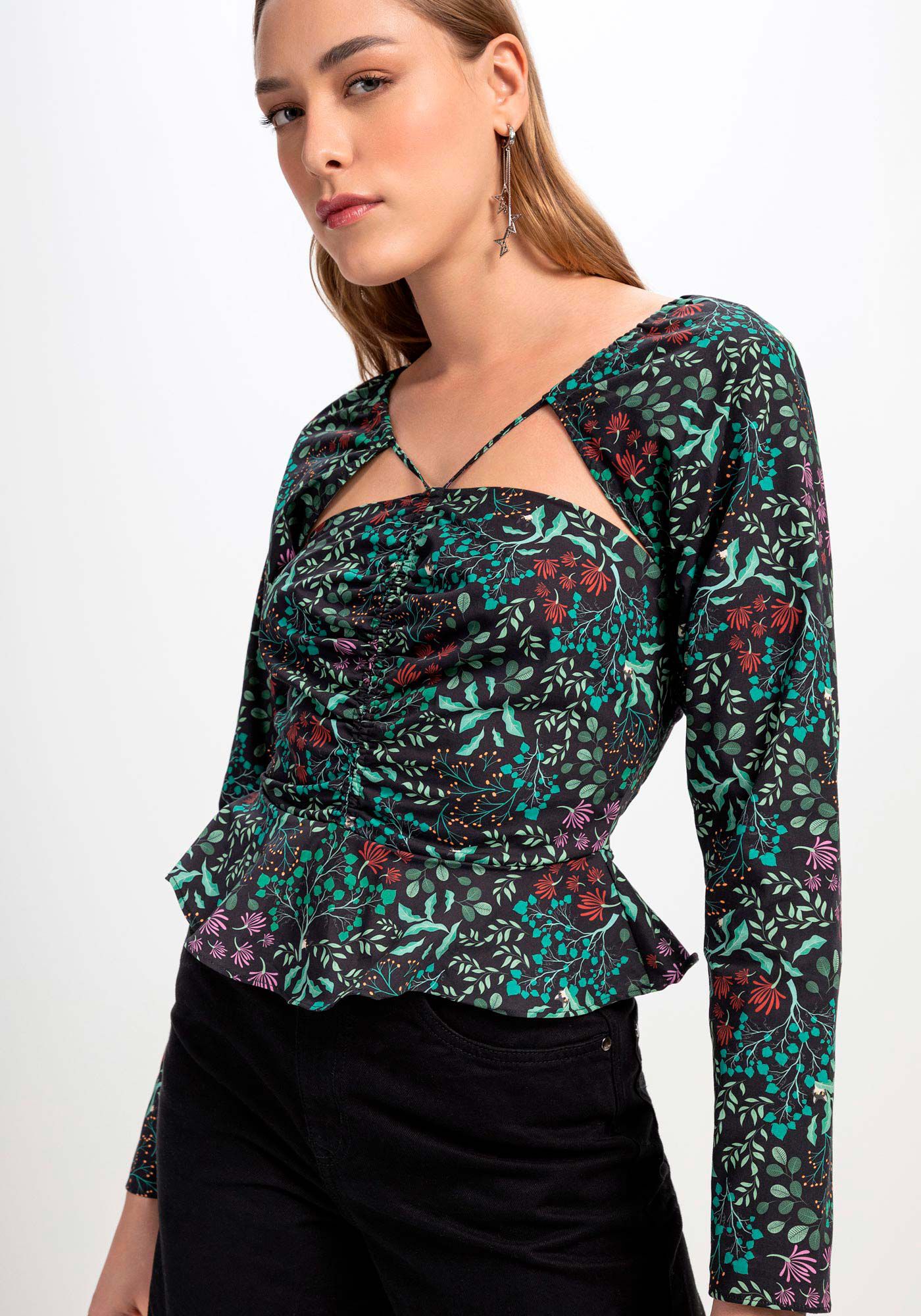 Blusa Manga Longa em Tricoline Peplum, MOSSY, large.