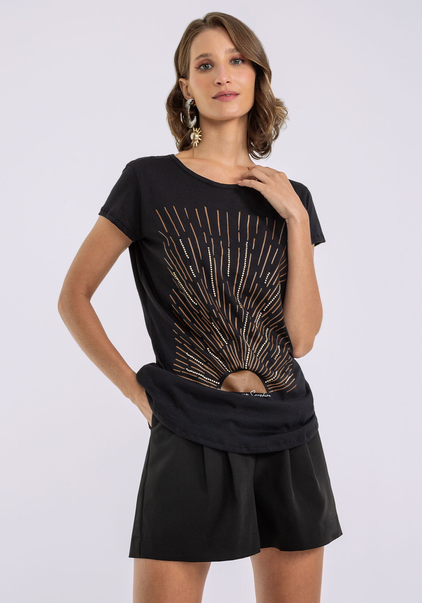 T-shirt Estampada Corrente Strass, PRETO, large.
