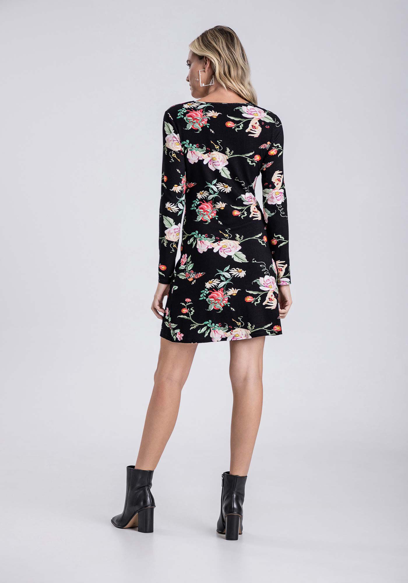 Vestido Manga Longa Canelado Estampado, , large.