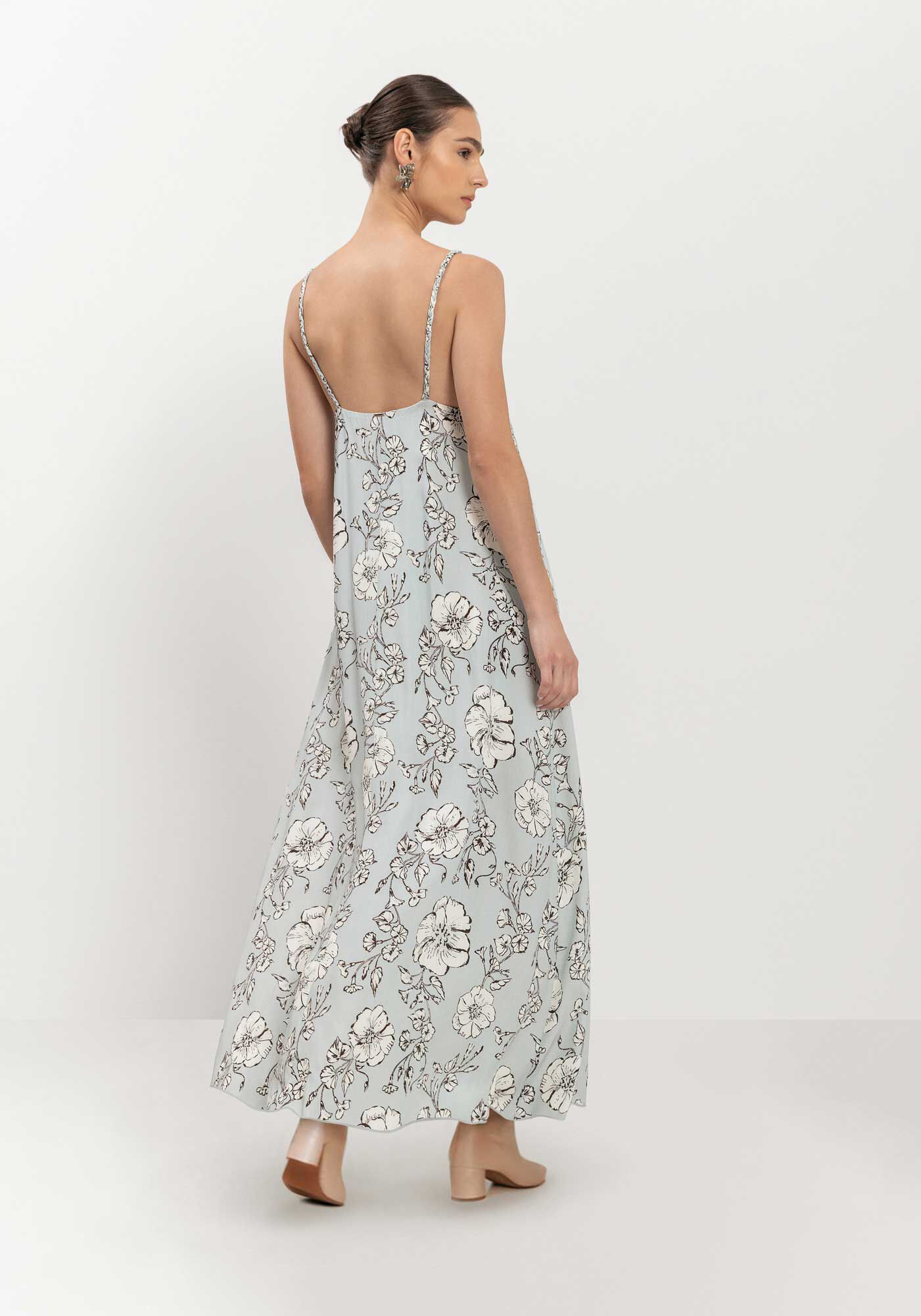 Vestido Longo Estampado Fluido De Al&ccedil;as Com Decote Em V, , large.