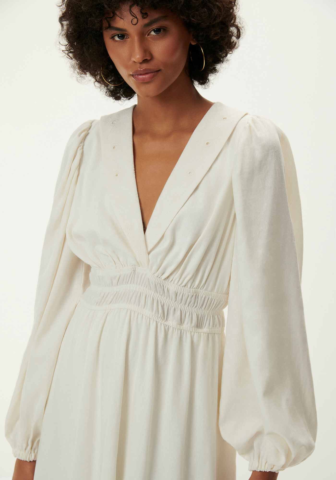 Vestido Midi em Linho com Manga Longa Bufante, , large.