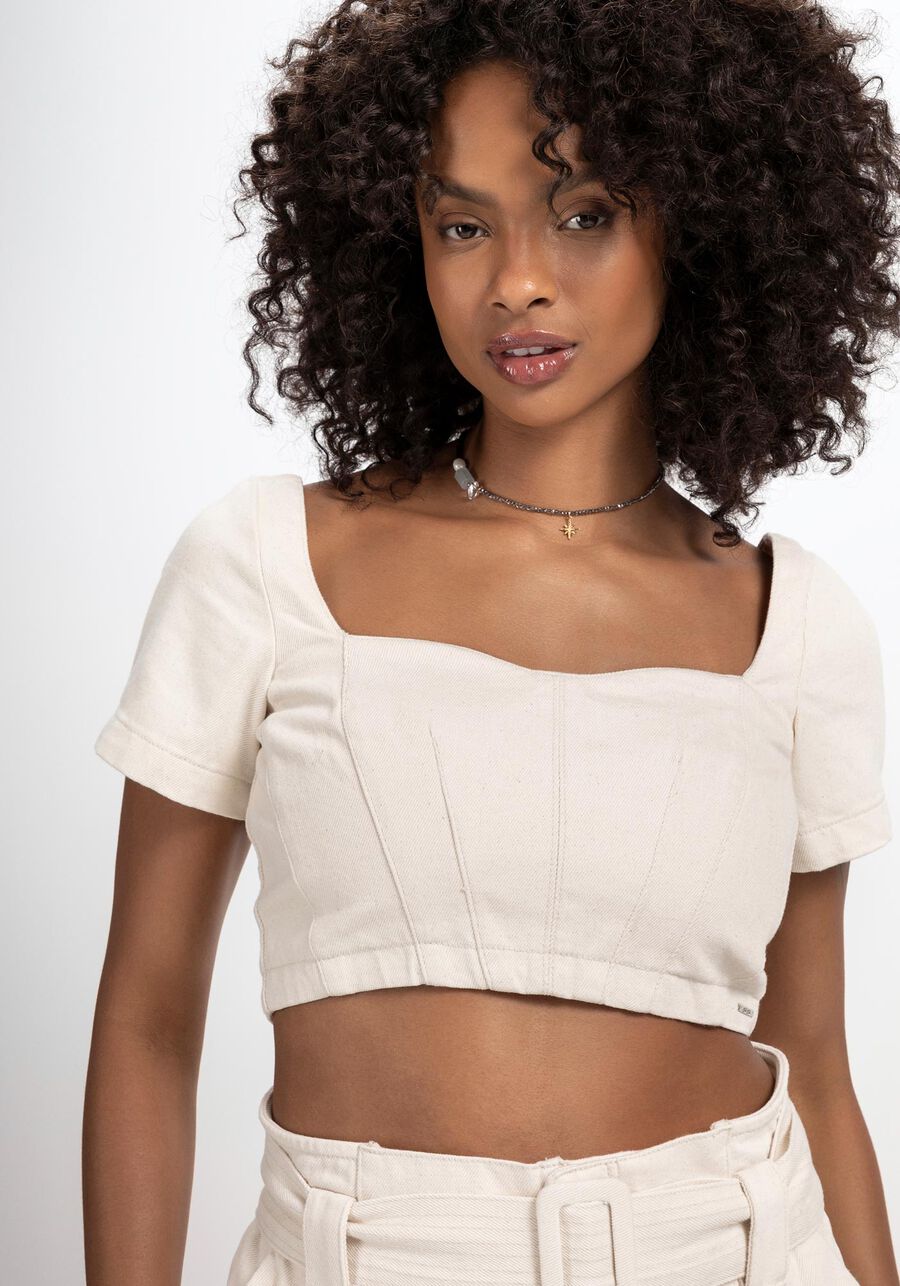 Blusa Sarja Cropped Manga Curta com Recortes, BRANCO OFF WHITE. Blusa Sarja Cropped Manga Curta com Recortes, BRANCO OFF WHITE, large.