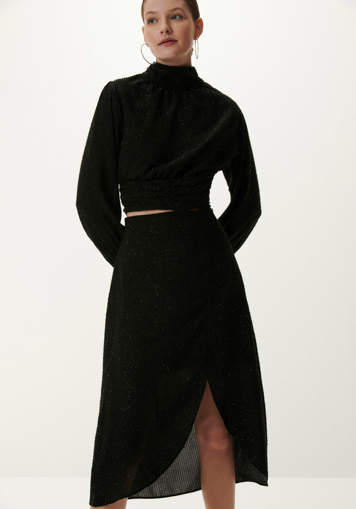 Saia Midi Texturizada com Fenda e Brilho, , large.