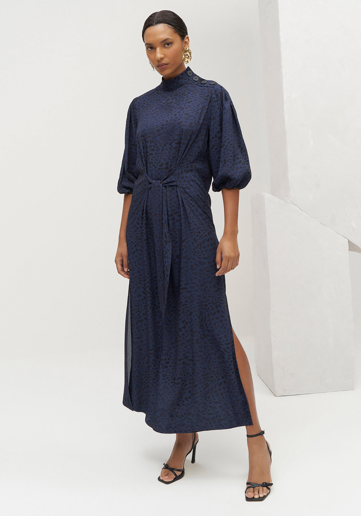 Vestido Midi Manga Bufante com Amarra&ccedil;&atilde;o, , large.