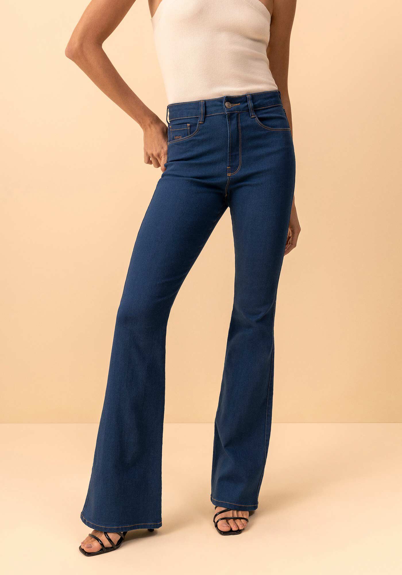 Cal&ccedil;a Jeans Flare Com Elastano E Cintura Alta, JEANS, large.