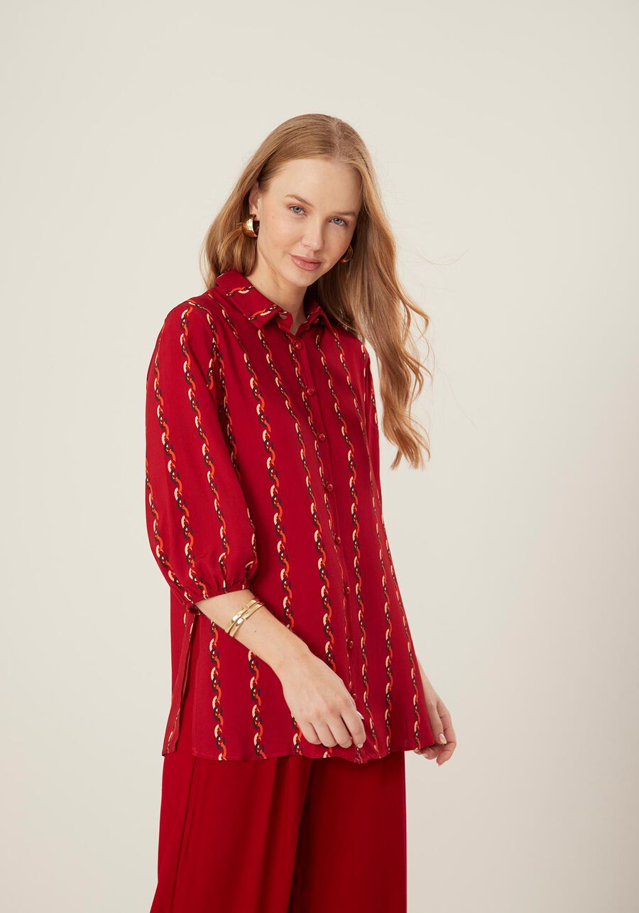 Camisa Estampada De Mangas Médias Em Viscose Com Botões, . Camisa Estampada De Mangas Médias Em Viscose Com Botões, , large.