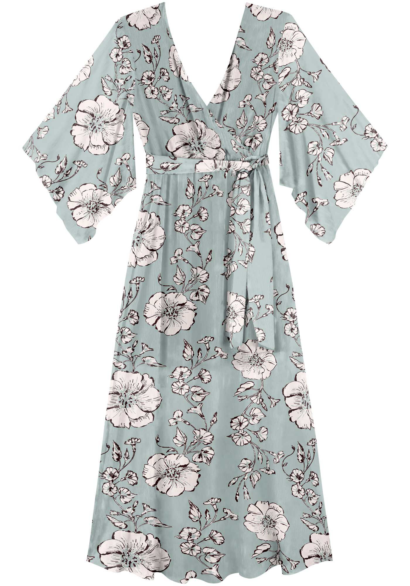 Vestido Ch&aacute; Estampado Com Mangas Amplas E Faixa, , large.