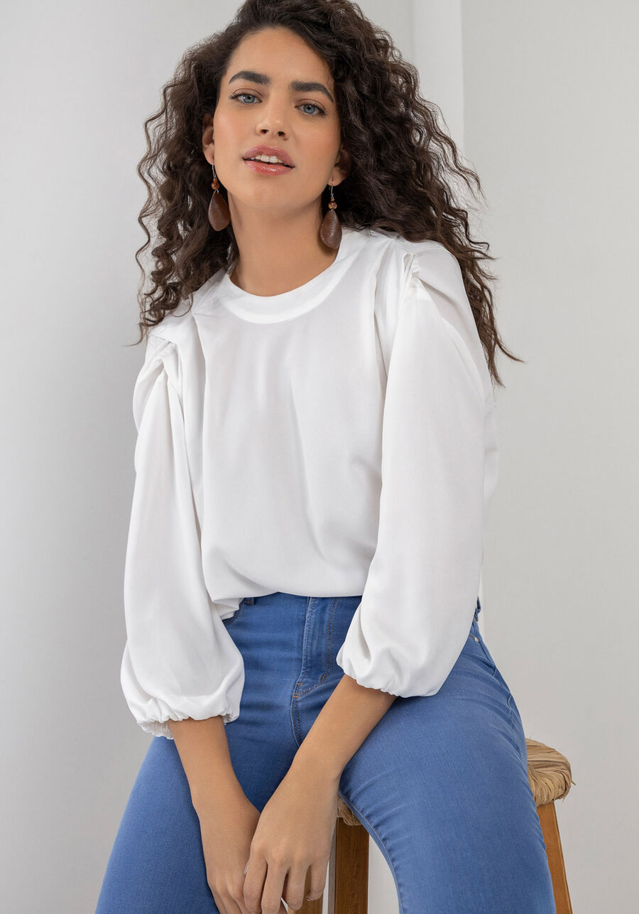 Blusa Manga 3/4 em Crepe com Pregas, . Blusa Manga 3/4 em Crepe com Pregas, , large.