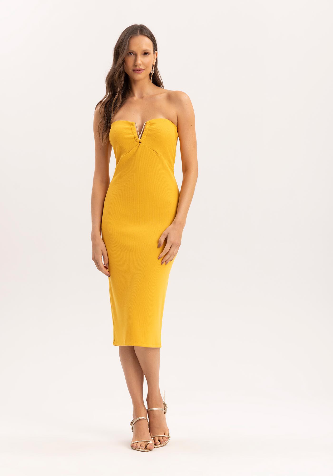 Vestido Midi Justo Tomara que Caia com Aviamento Decote, AMARELO SAVANNAH, large.