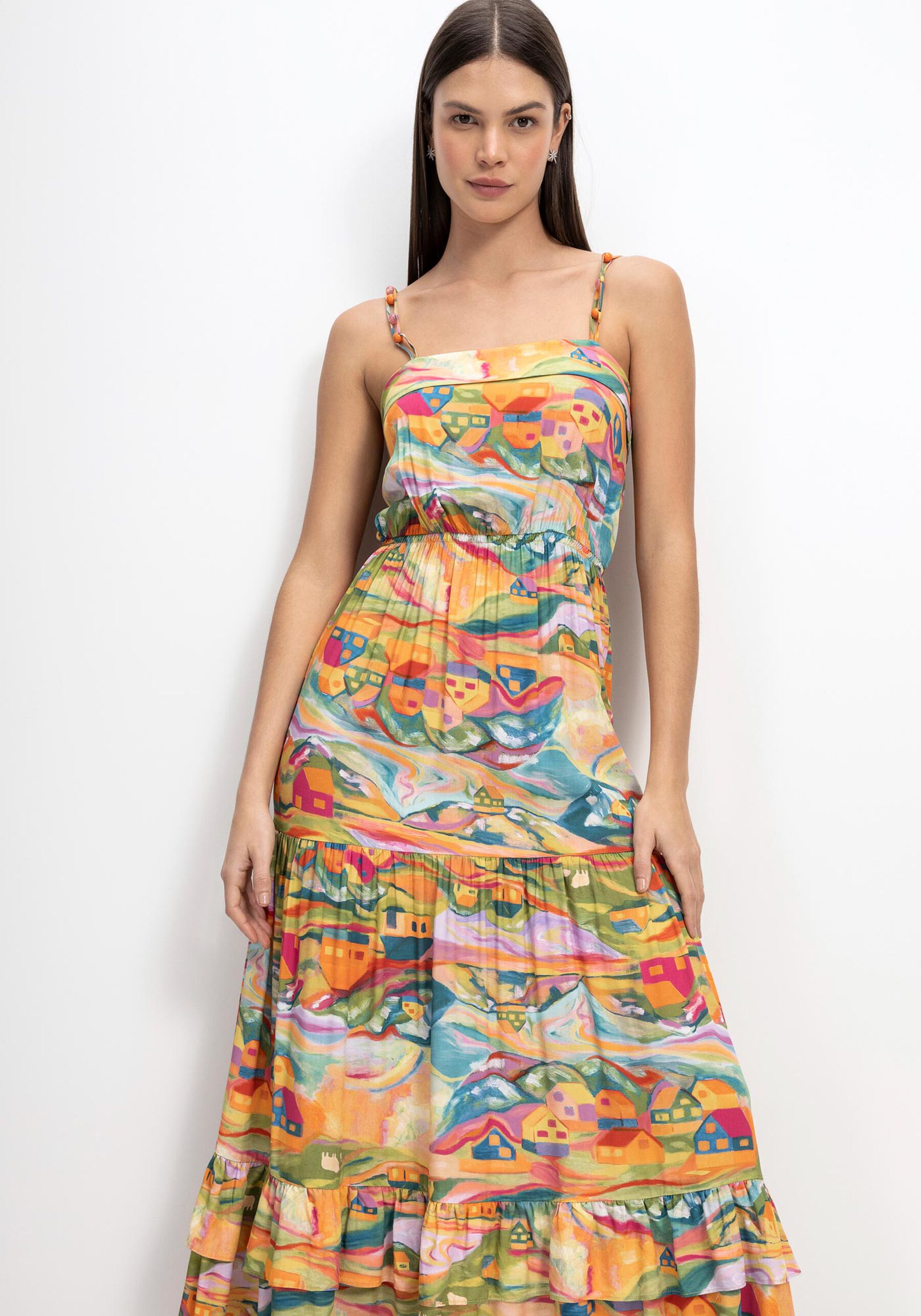 Vestido Midi Estampado com Miçangas Alças, . Vestido Midi Estampado com Miçangas Alças, , large.