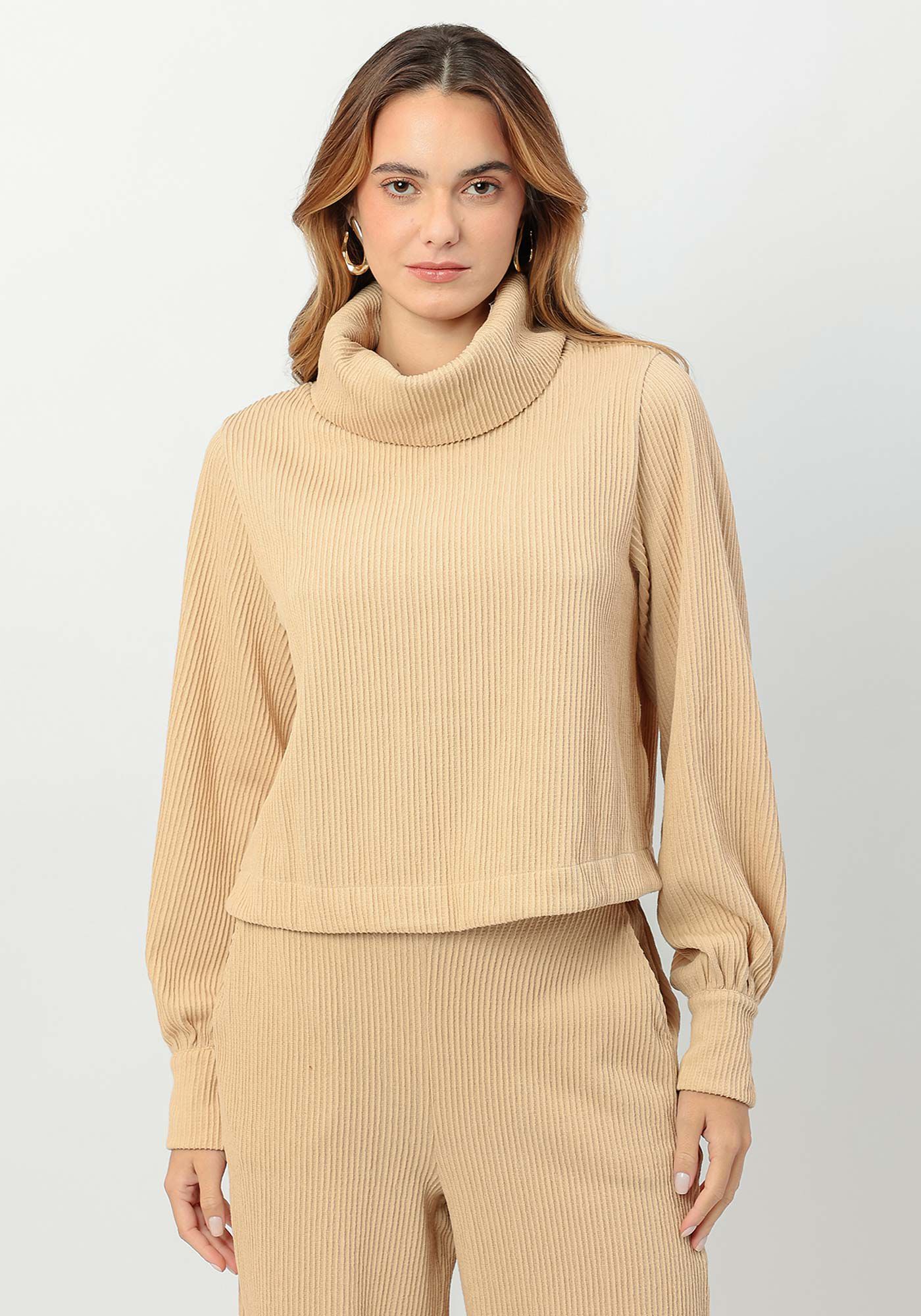 Blus&atilde;o Manga Longa Bufante com M&aacute;xi Gola Alta, , large.