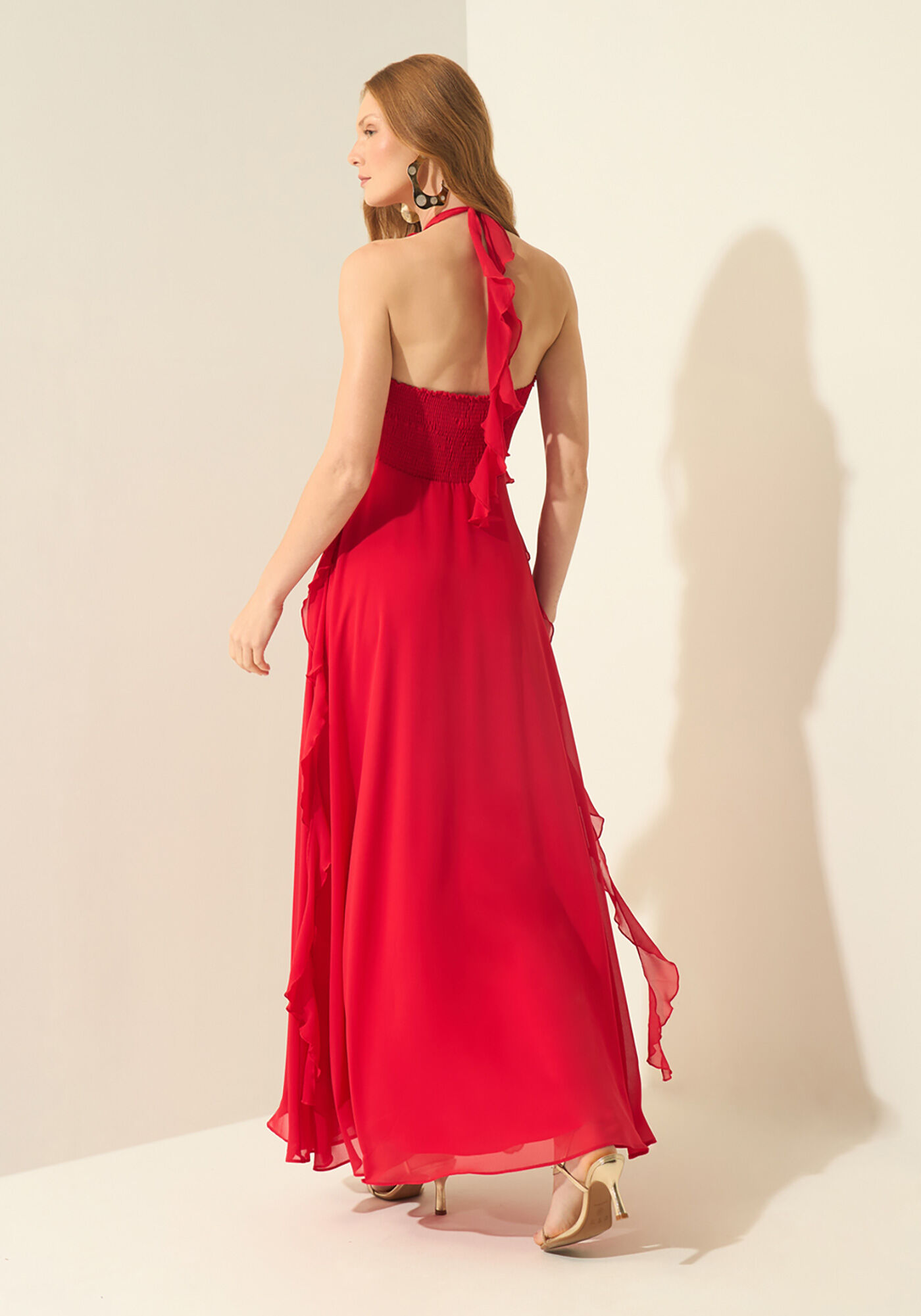 Vestido Longo Frente &Uacute;nica Com Babados, VERMELHO POWER, large.