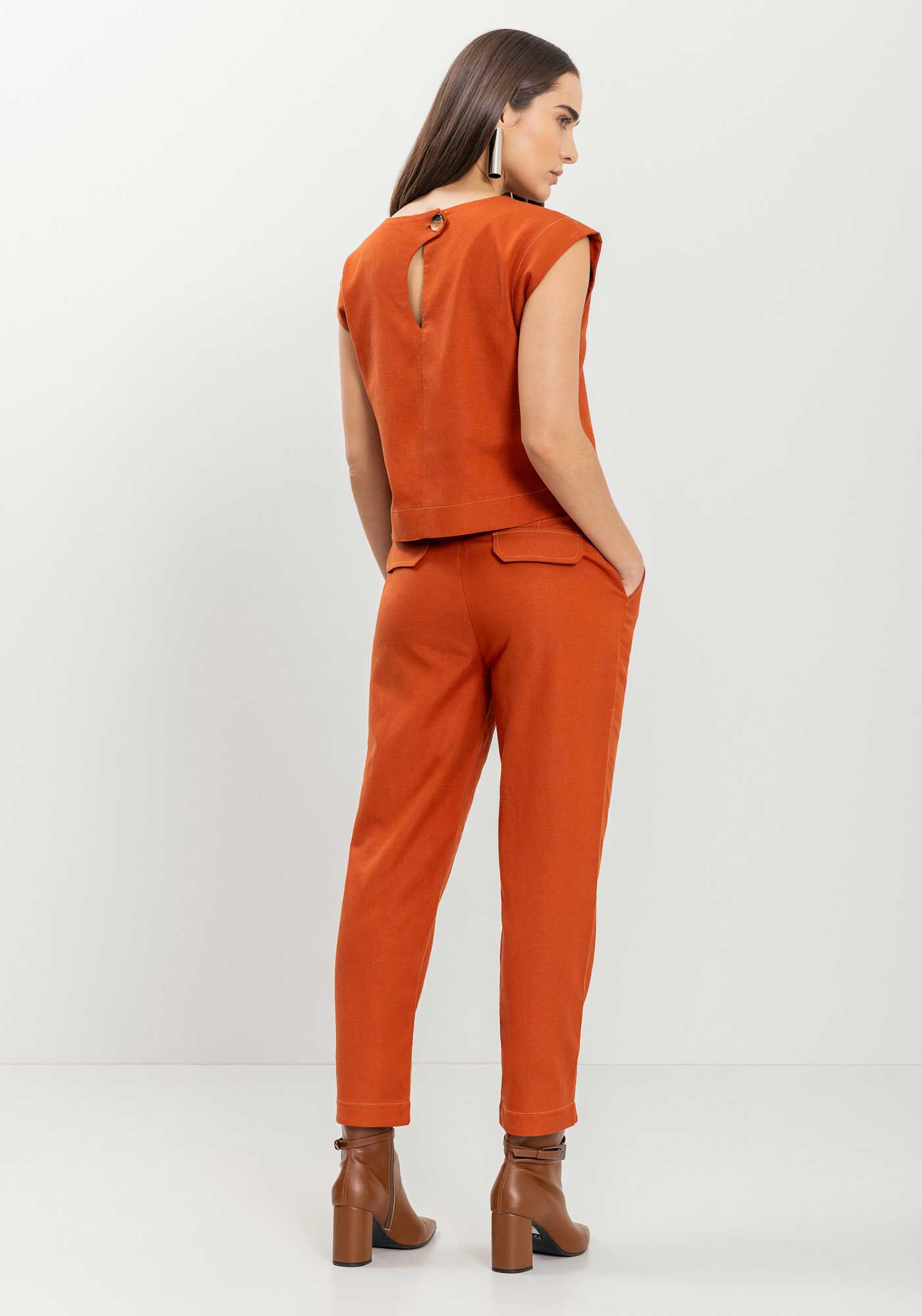 Cal&ccedil;a Reta De Cintura Alta Com Faixa E Pesponto Contrastante, MARROM SANDALWOOD, large.