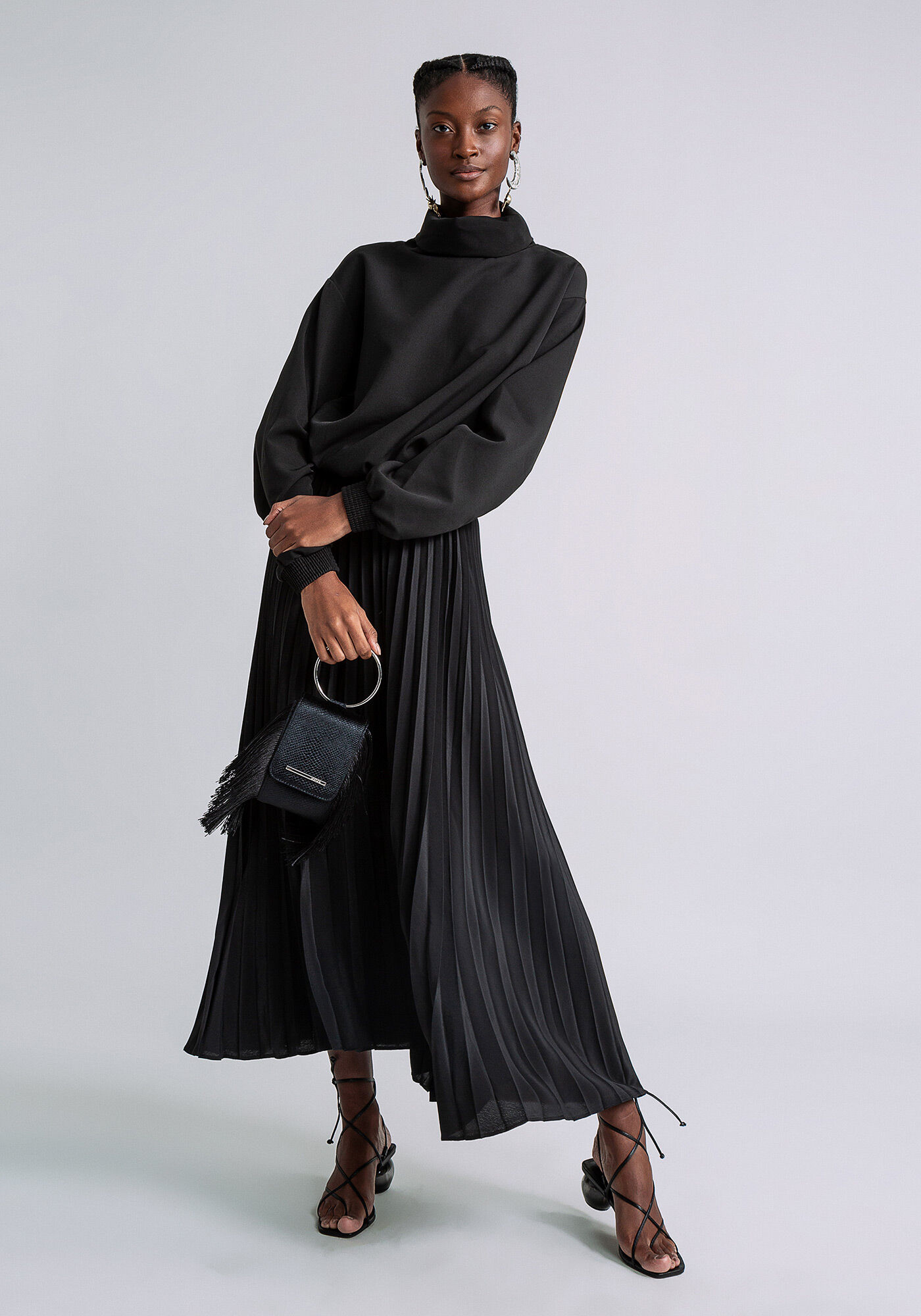 Saia M&iacute;di Plissada Estampa, PRETO, large.