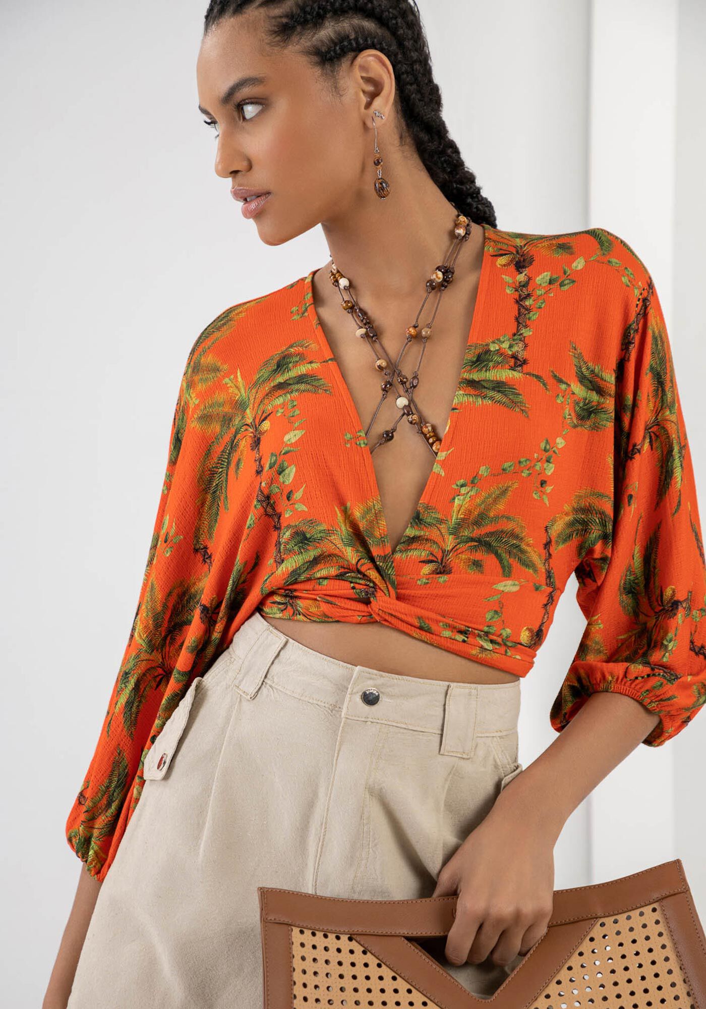 Blusa Manga 3/4 Estampada com Amarra&ccedil;&atilde;o, INAJA, large.