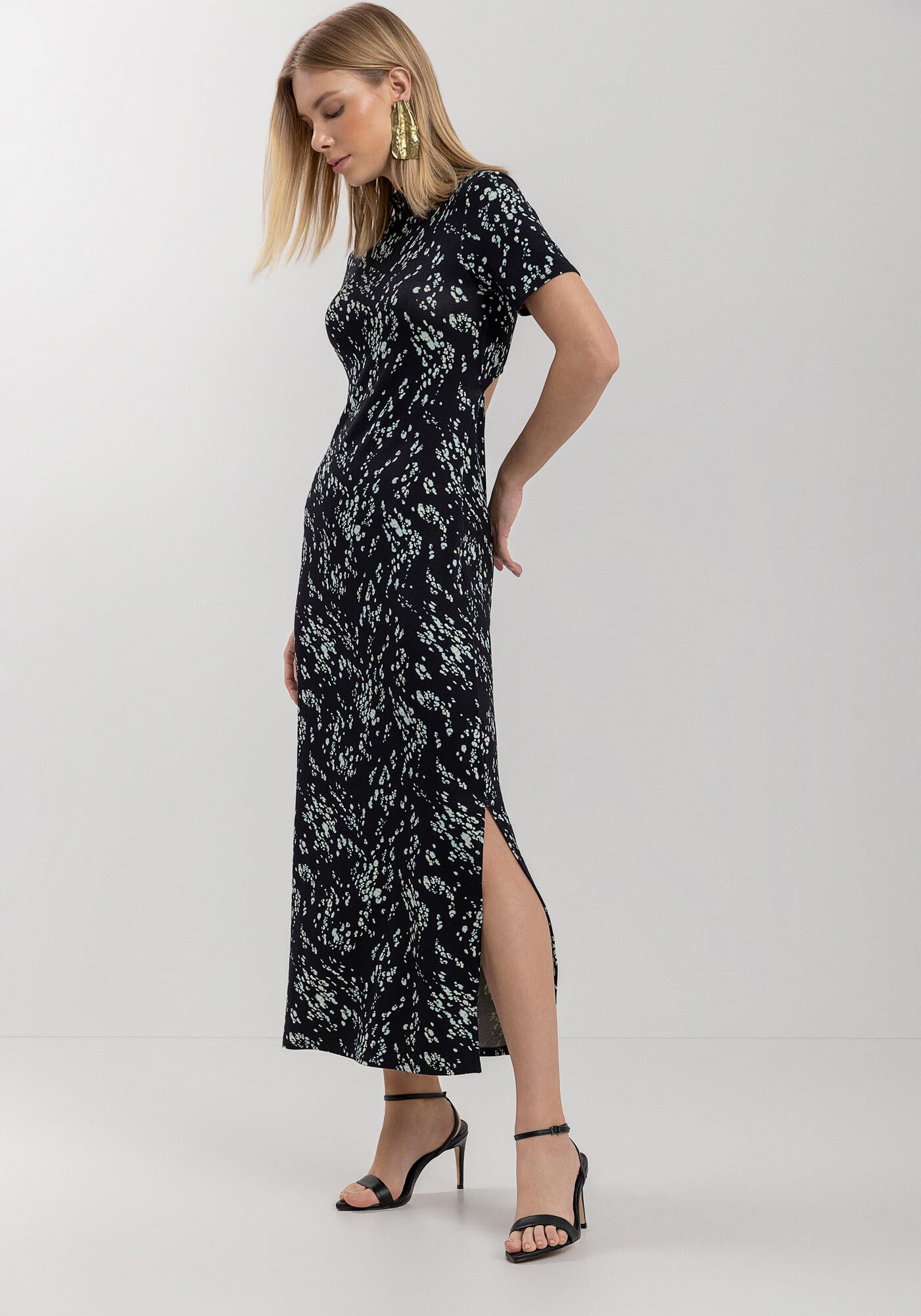 Vestido Estampado Midi Ch&aacute; Em Moletom De Viscose E Elastano, , large.