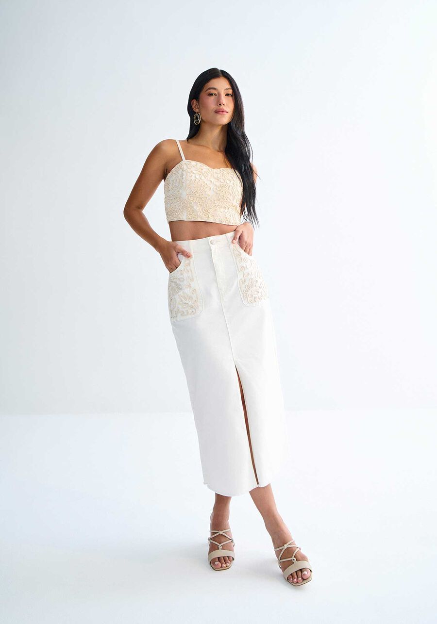 Saia Sarja Midi Bordada com Fenda, . Saia Sarja Midi Bordada com Fenda, , large.