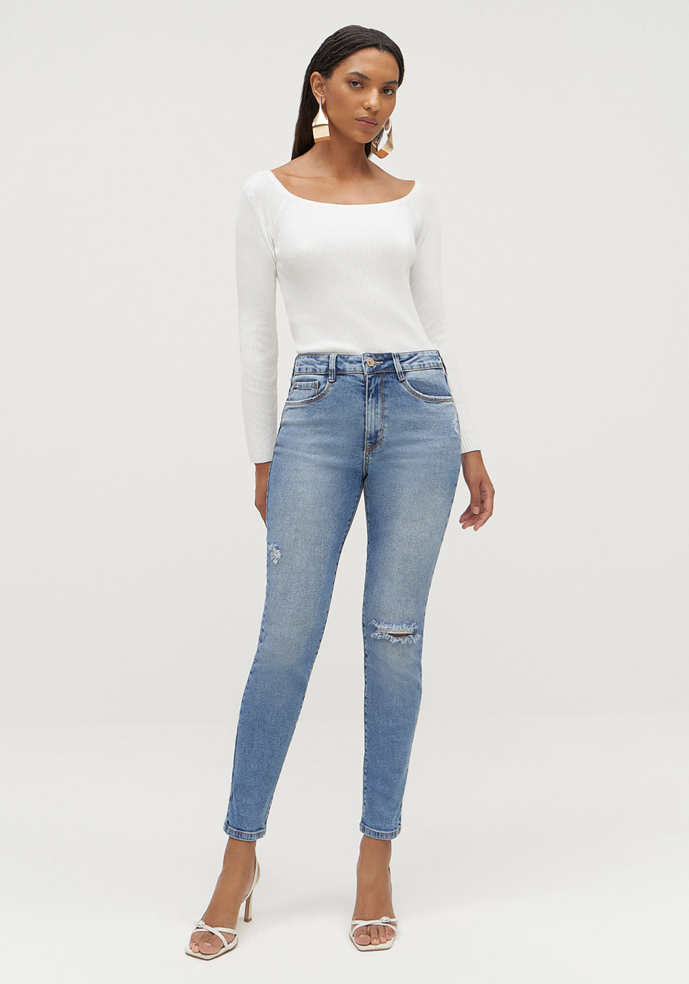 Cal&ccedil;a Jeans Skinny Cropped Cintura Alta Destroyed, JEANS, large.