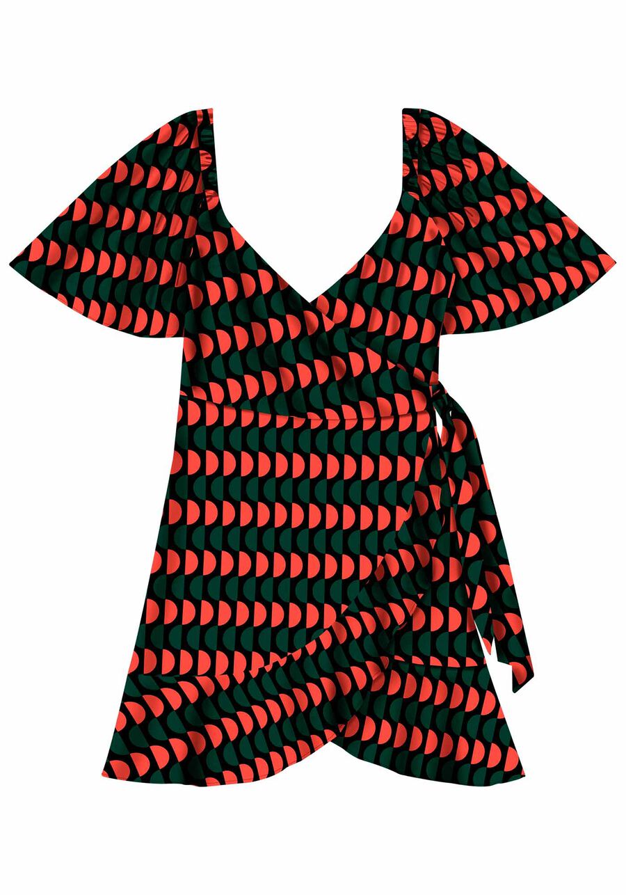 Vestido Curto Estampado em Viscose Transpassado, . Vestido Curto Estampado em Viscose Transpassado, , large.