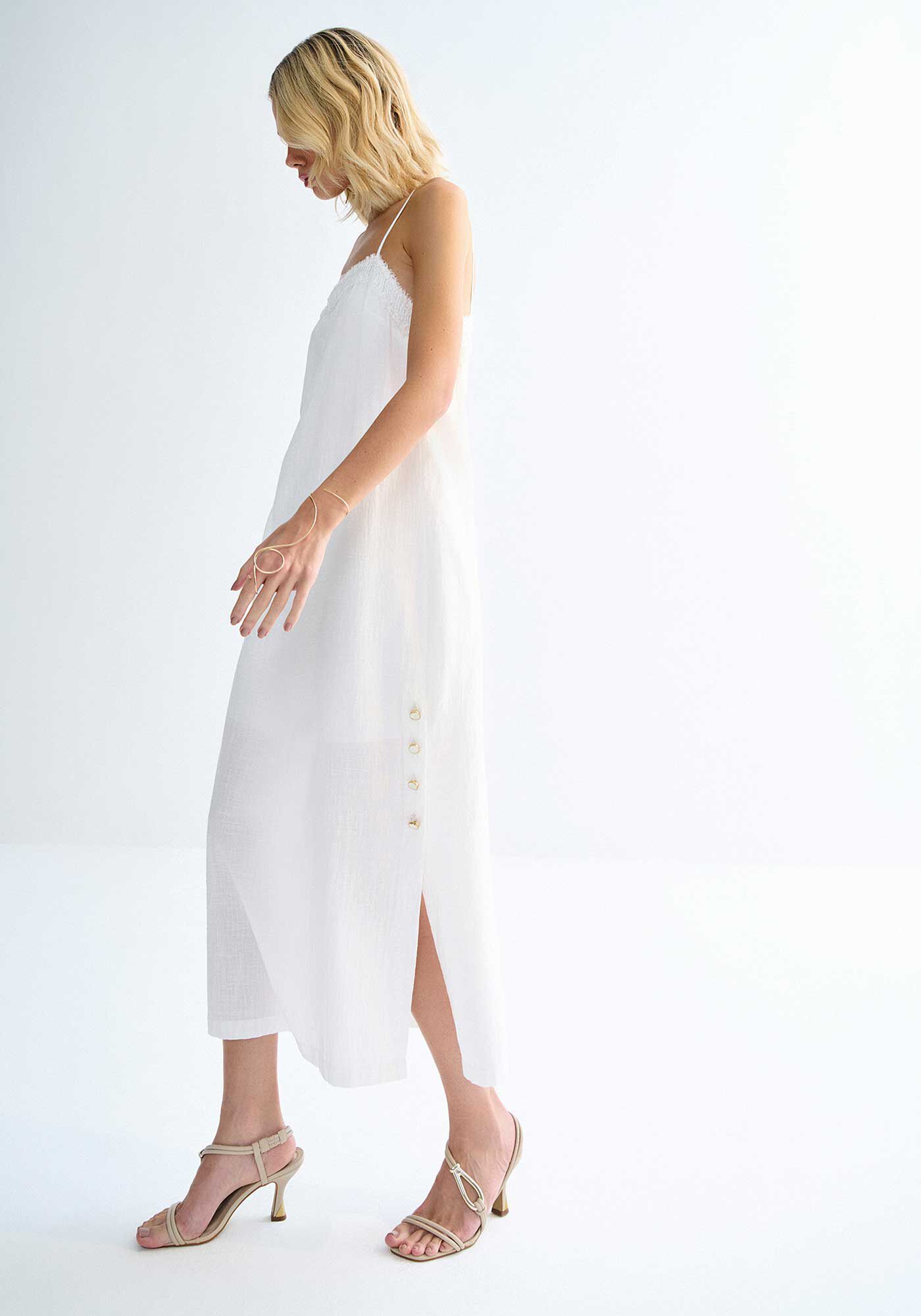 Vestido Midi em Cotton com Fenda e Bot&otilde;es, , large.