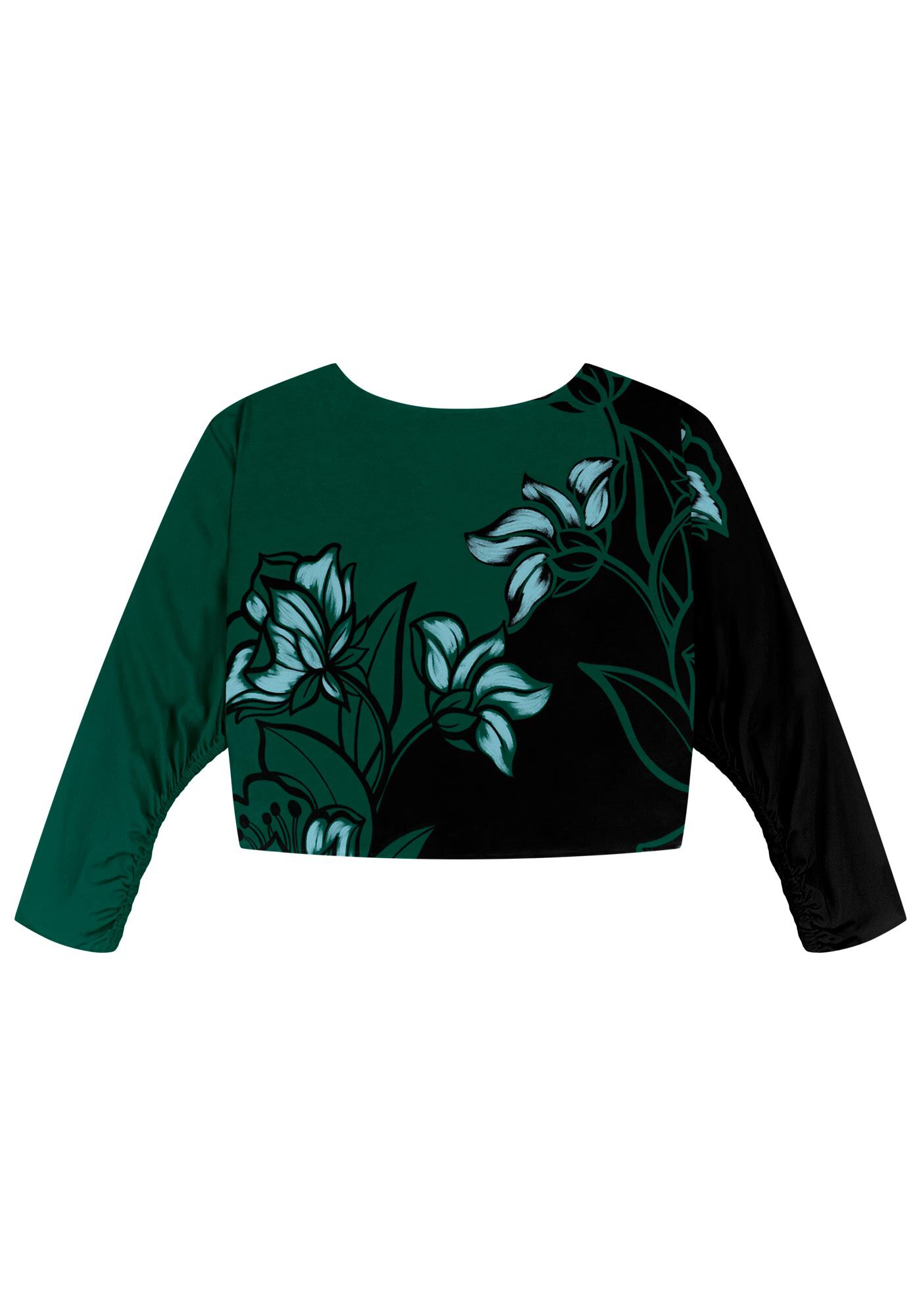 Blusa Curta Estampada Com Mangas Longas E Franzidos, ANEMONE VERDE, large.