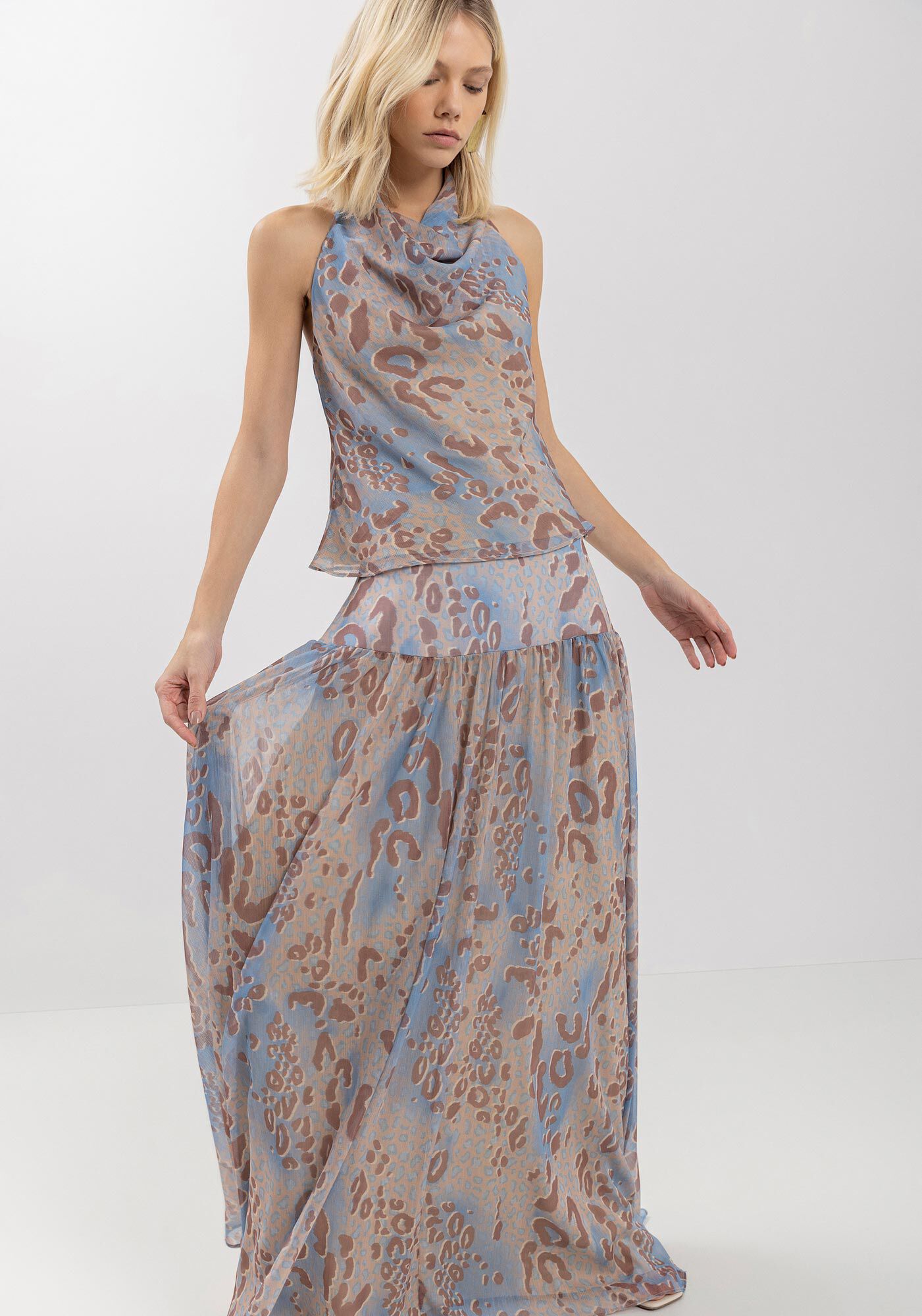 Saia Longa Fluida Estampada Com Cintura Alta E Transpar&ecirc;ncia, , large.