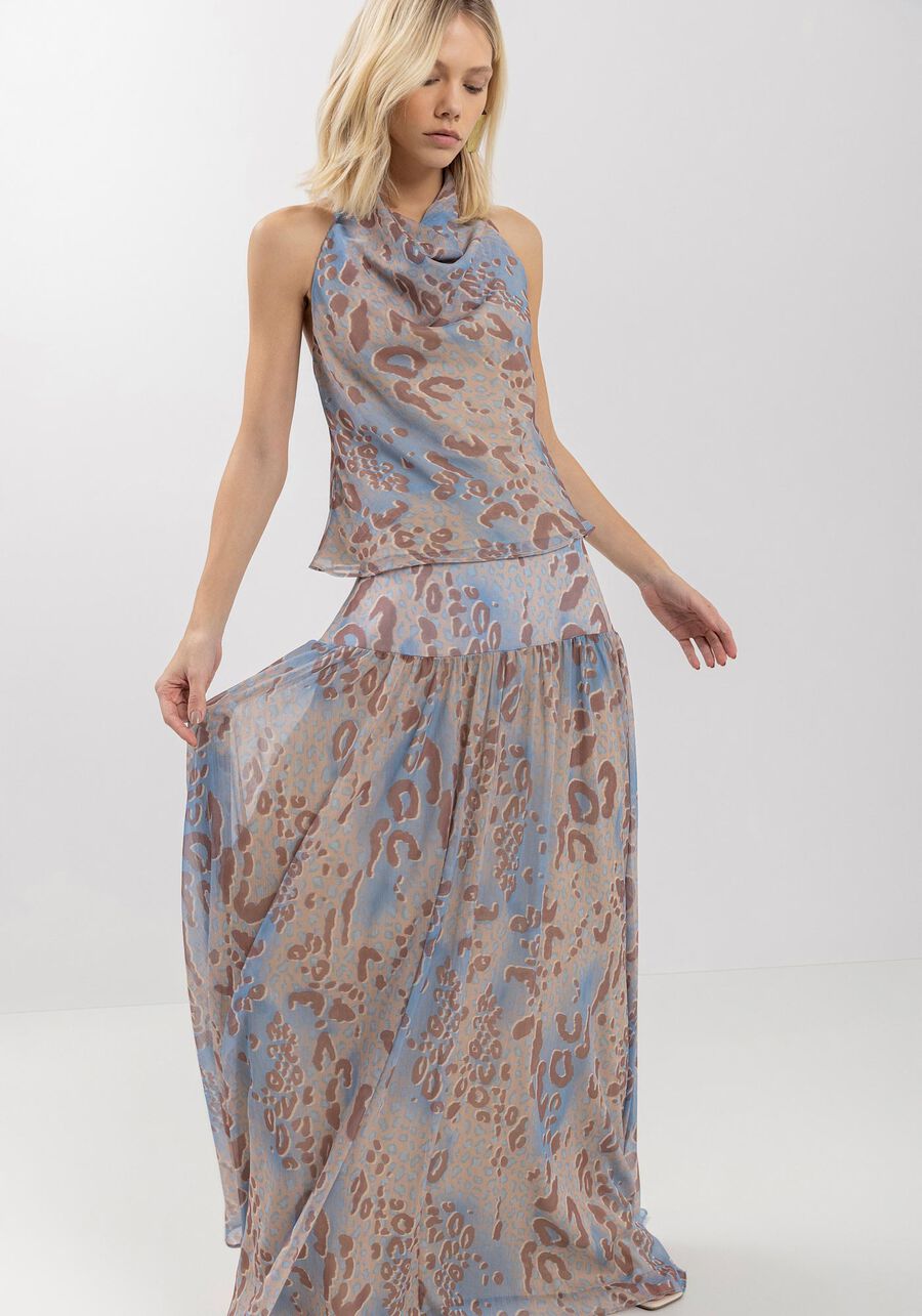 Saia Longa Fluida Estampada Com Cintura Alta E Transparência, SAVAGE BEGE. Saia Longa Fluida Estampada Com Cintura Alta E Transparência, SAVAGE BEGE, large.