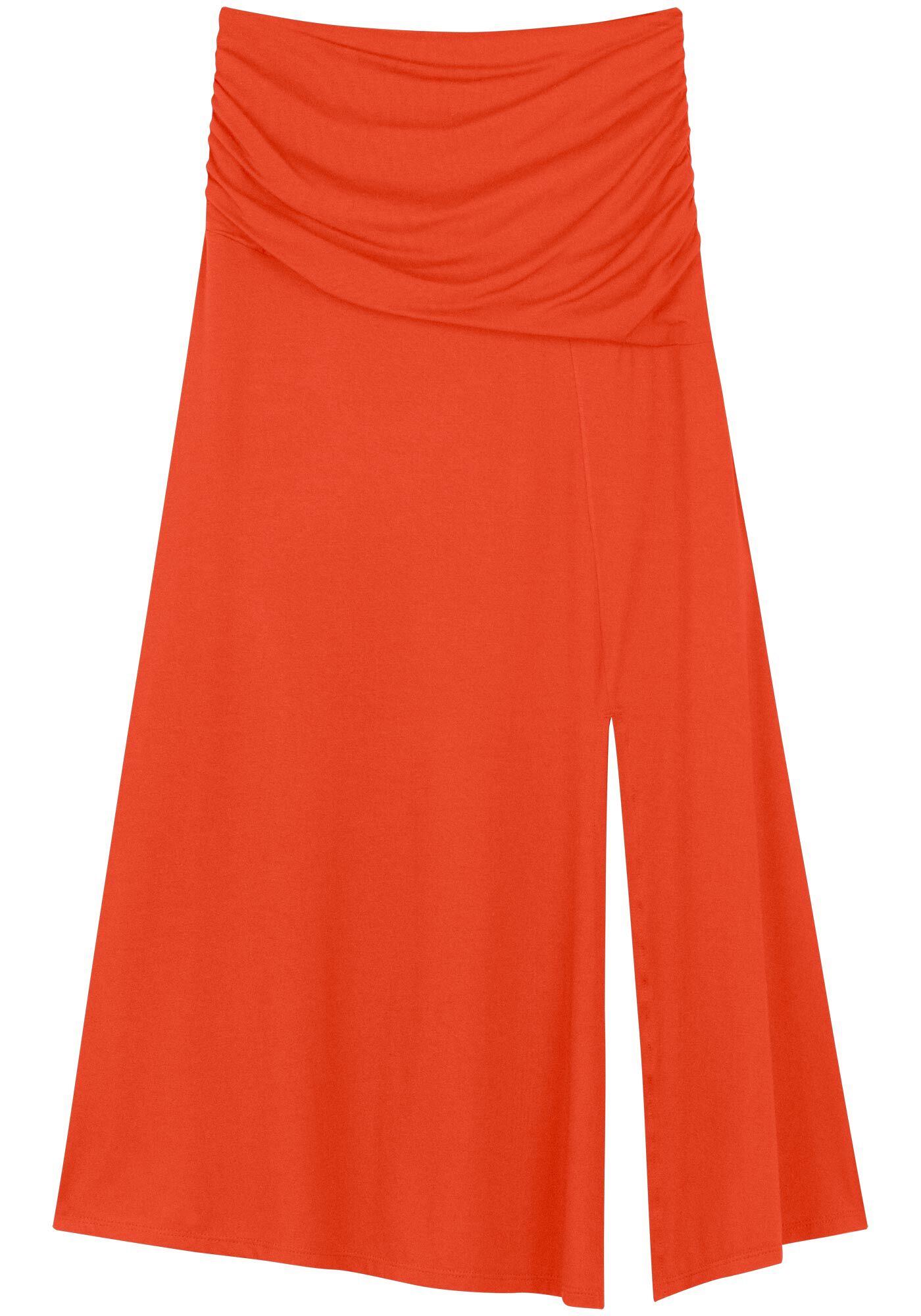 Saia Ch&aacute; De Cintura Alta Com Fenda E Franzidos Laterais, LARANJA PAIXAO, large.