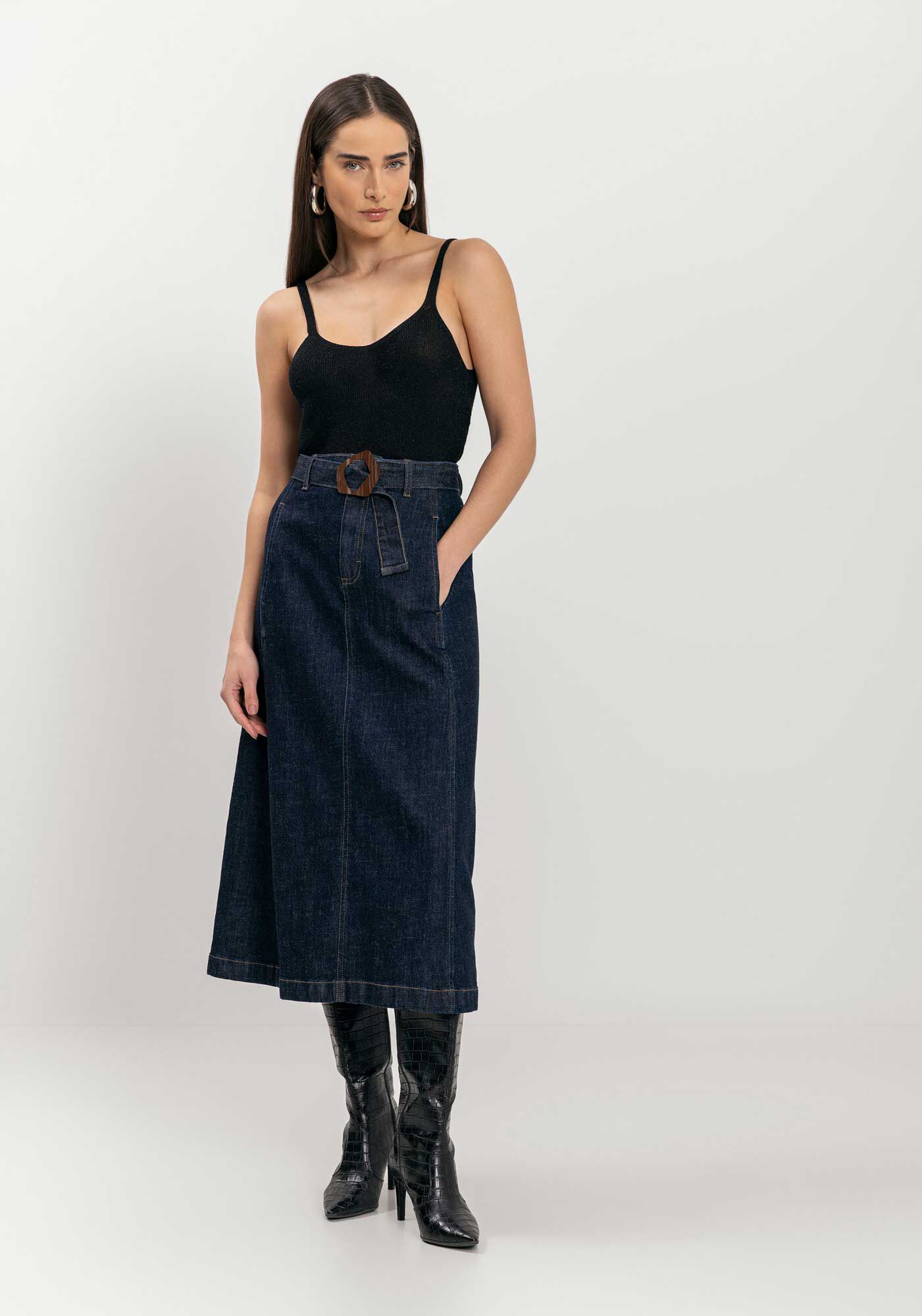 Saia Jeans Ch&aacute; Com Cintura Alta E Cinto, JEANS, large.