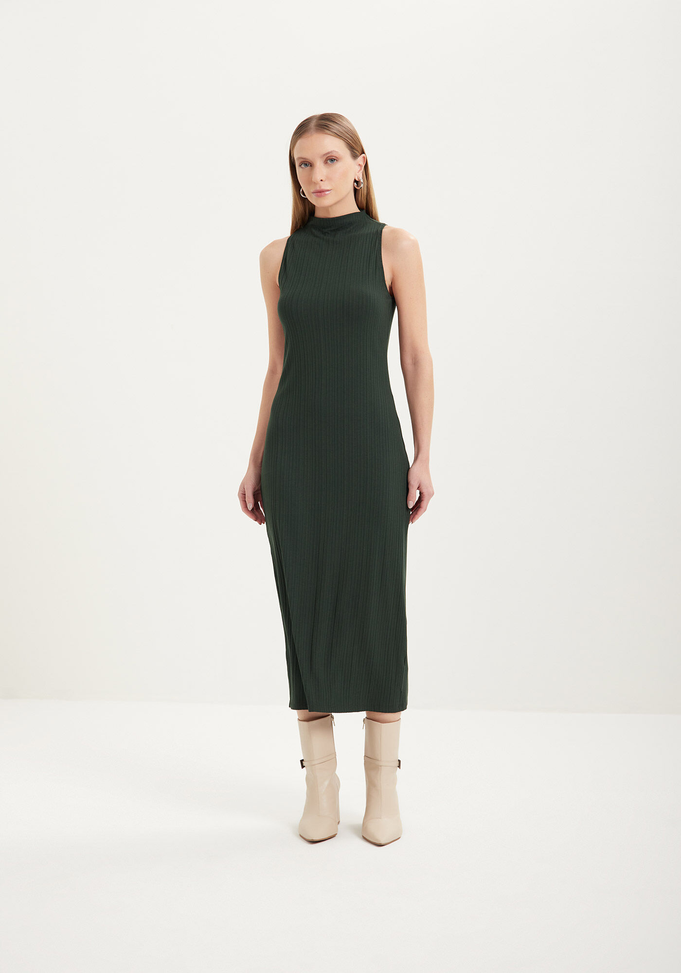 Vestido Midi B&aacute;sico Em Malha Canelada De Viscose, , large.