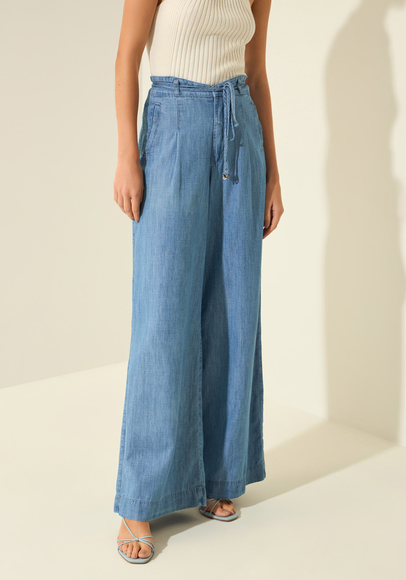 Cal&ccedil;a Pantalona Jeans De Cintura Alta Com Linho, JEANS, large.