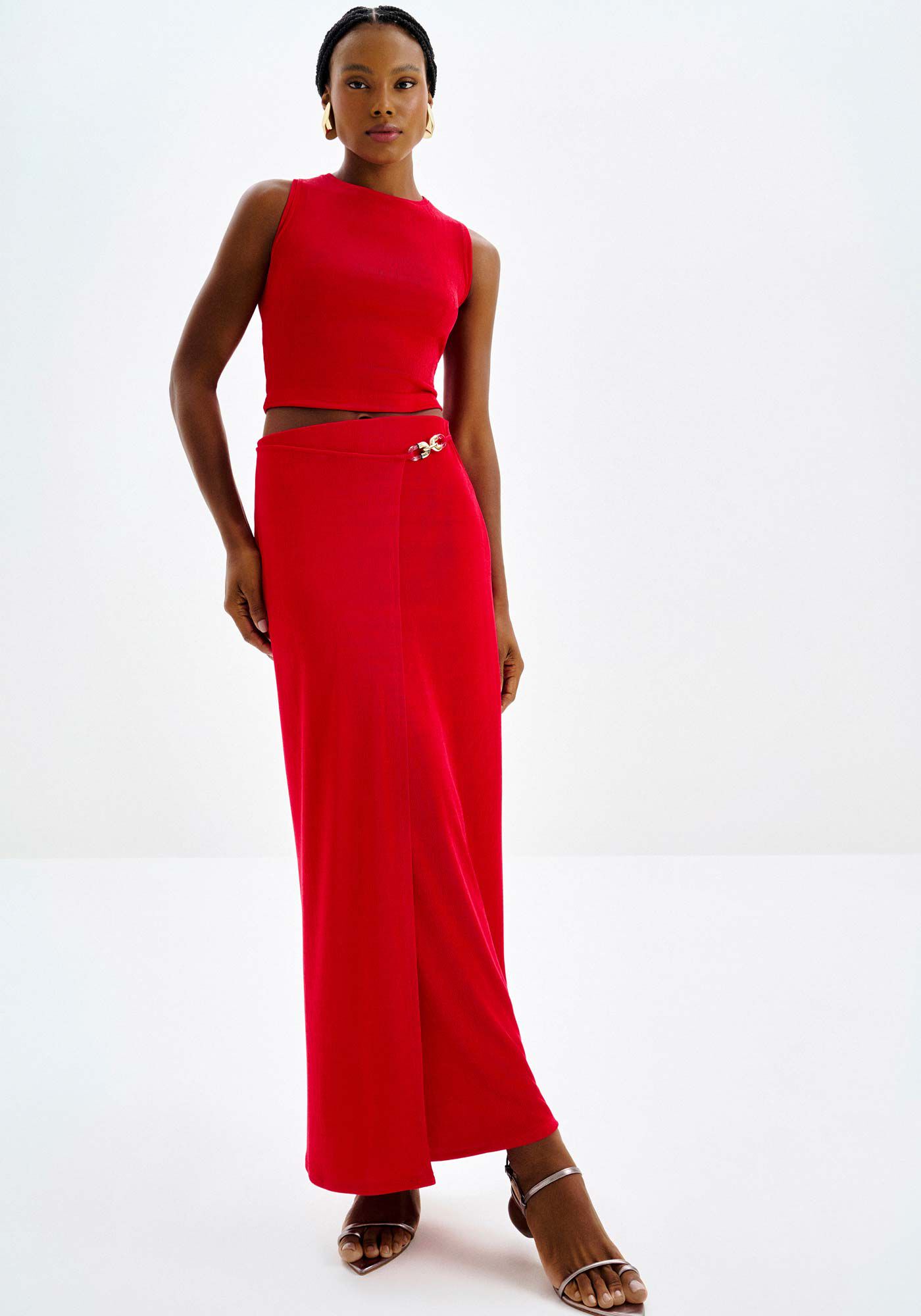 Saia Midi Ch&aacute; Transpassada com Detalhe, VERMELHO ROSE MADDER, large.