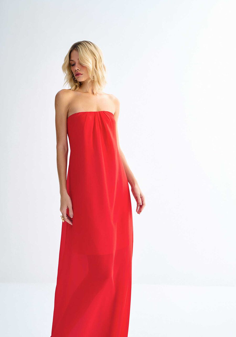 Vestido Longo Tomara que Caia em Chiffon com Laço Decote, VERMELHO REDDISH. Vestido Longo Tomara que Caia em Chiffon com Laço Decote, VERMELHO REDDISH, large.