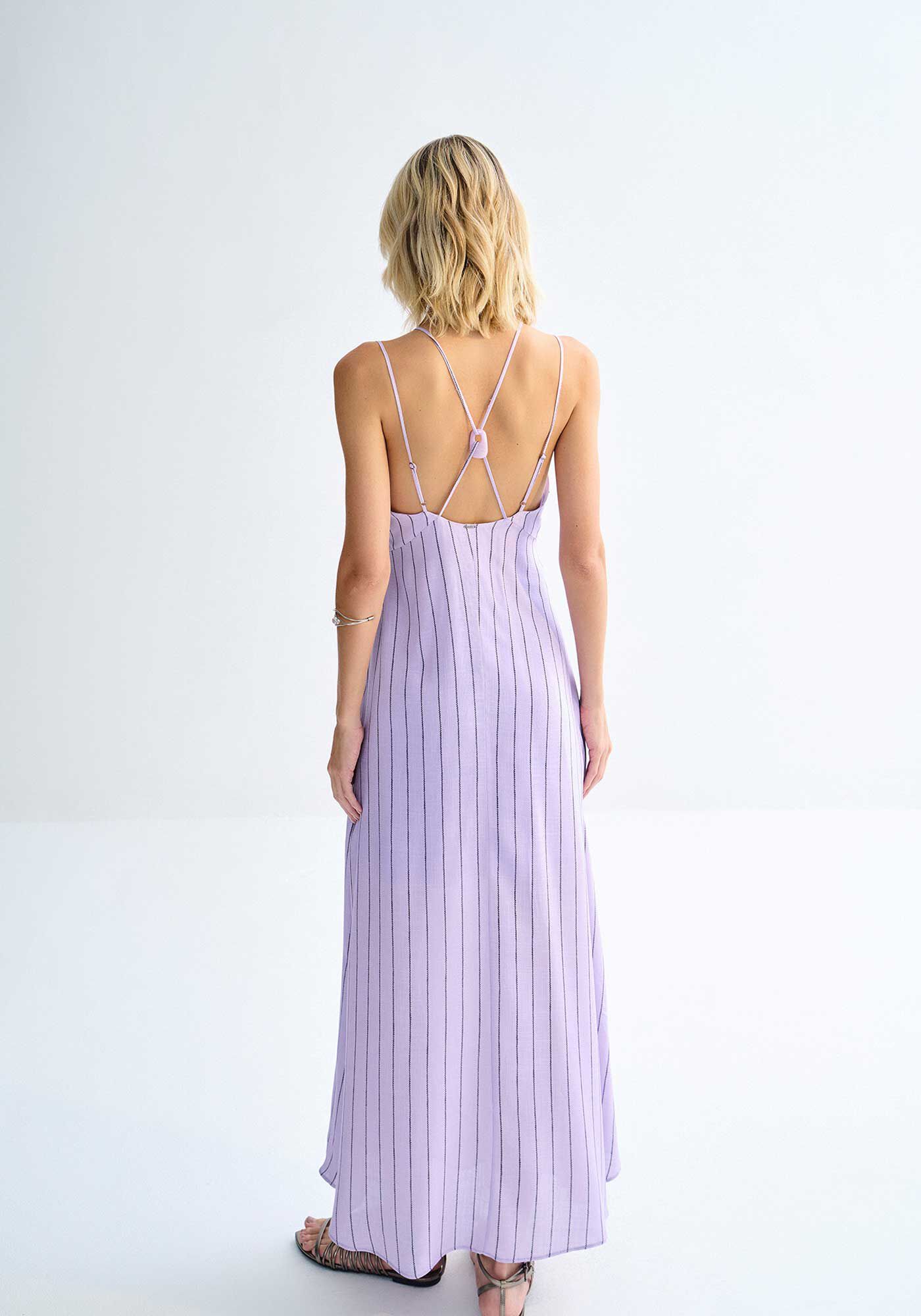 Vestido Midi Listrado em Viscose com Recorte Costas, ESSENCE LILAS, large.