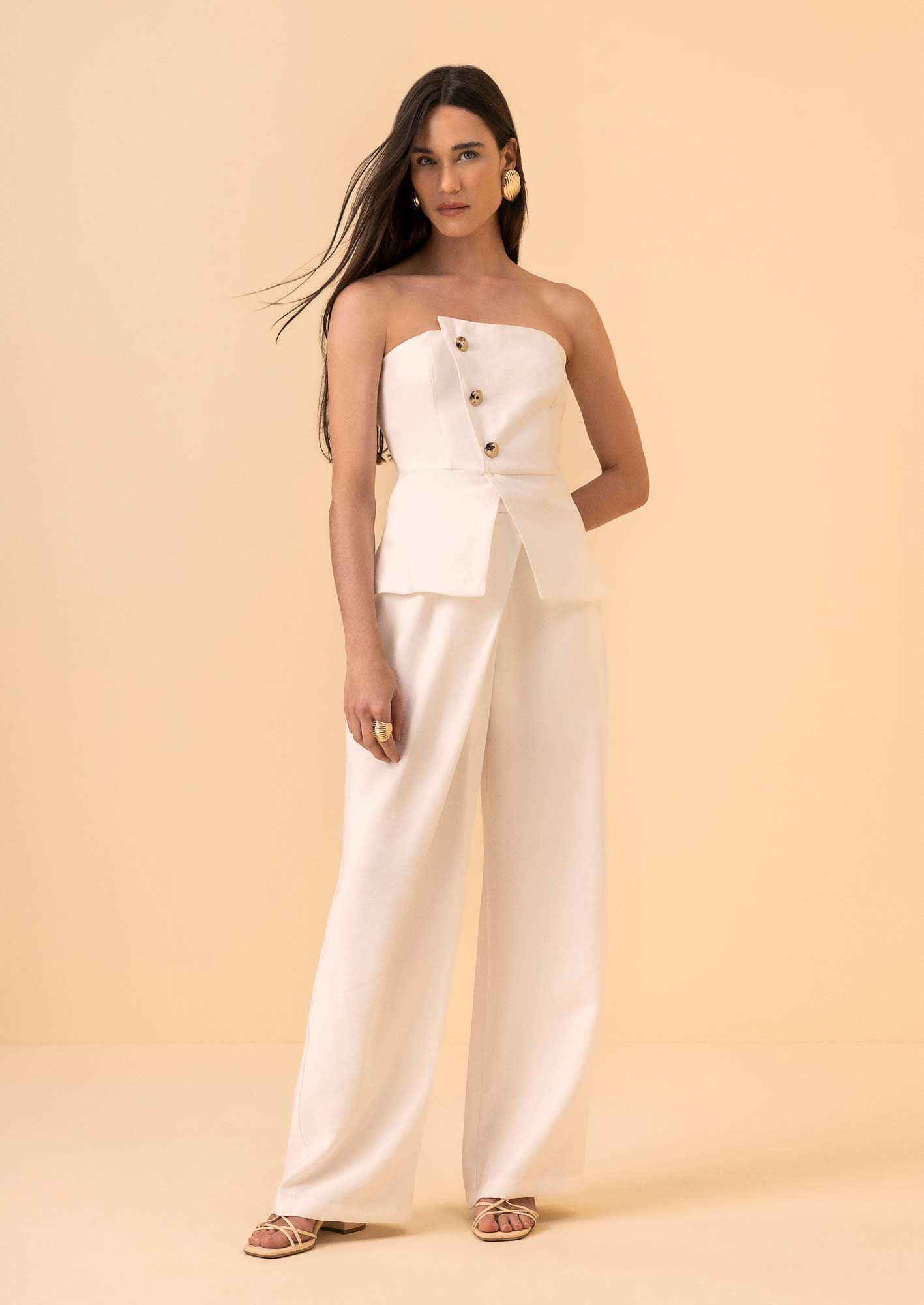 Cal&ccedil;a Reta De Cintura Alta Com Sobreposi&ccedil;&atilde;o, BRANCO OFF WHITE, large.