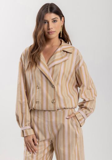 Jaqueta Listrada Em Algodão Com Lapelas E Abotoamento Duplo, MARROM ESPERADO. Jaqueta Listrada Em Algodão Com Lapelas E Abotoamento Duplo, MARROM ESPERADO, large.