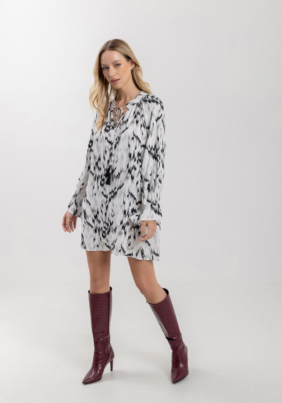 Vestido Curto Estampado Em Viscose Com Amarração Frontal, . Vestido Curto Estampado Em Viscose Com Amarração Frontal, , large.