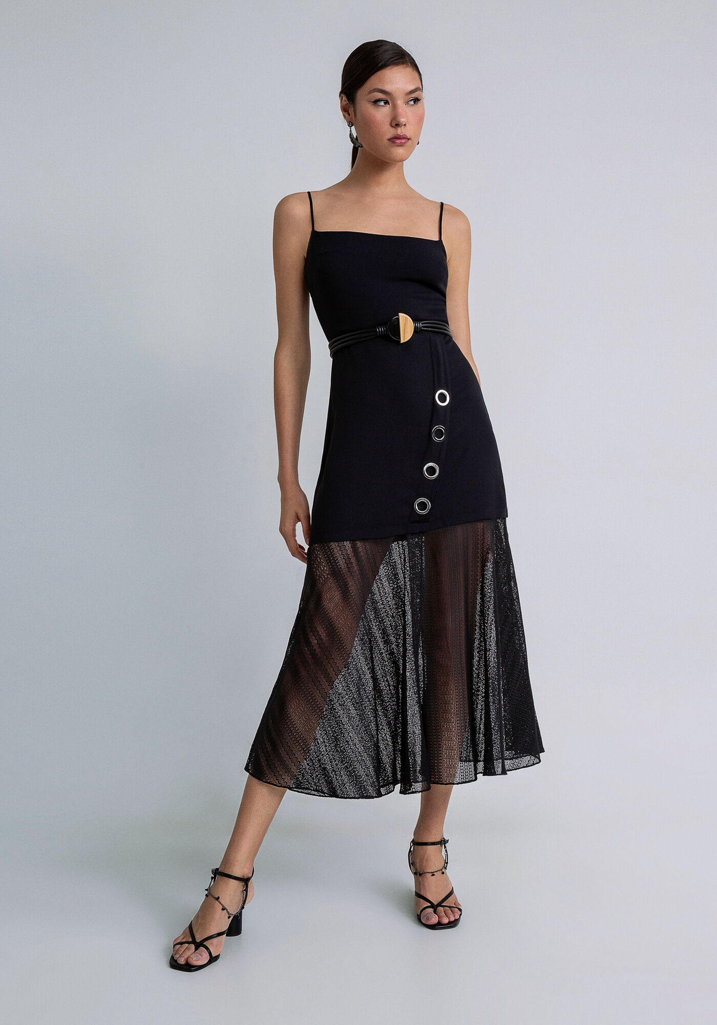 Vestido Midi Ilh&oacute;s Recorte Renda, PRETO, large.