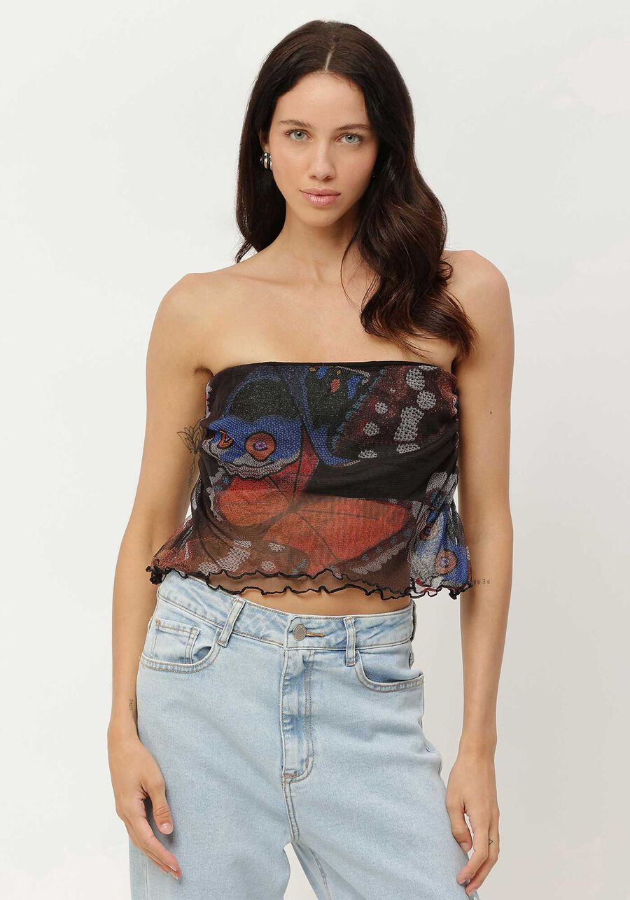 Blusa Sem Alça em Tule Estampada, . Blusa Sem Alça em Tule Estampada, , large.
