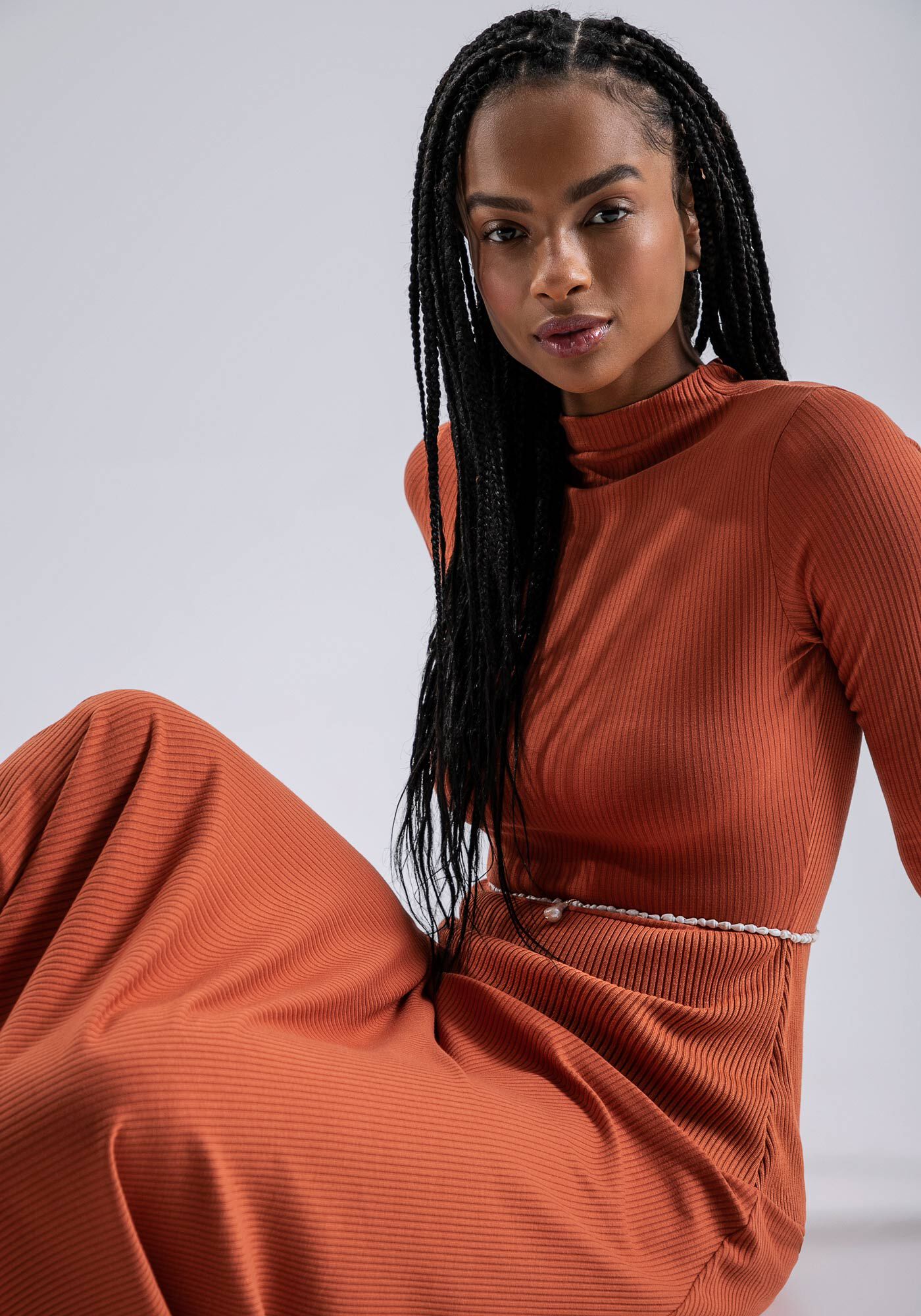 Vestido Manga Longa Midi Canelado com Recorte, , large.