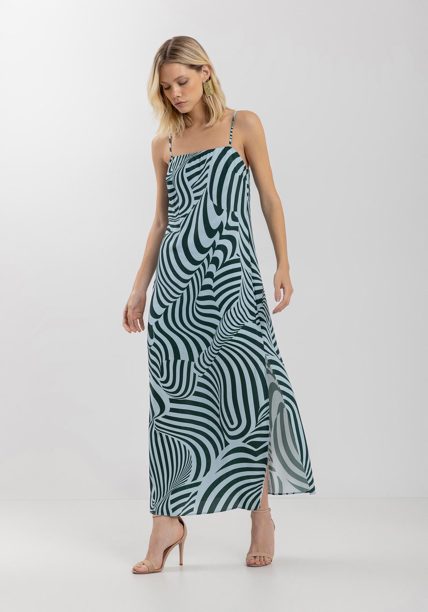 Vestido Estampado Longo Com Al&ccedil;as Finas E Fenda Lateral, SILHOUETTE AZUL, large.