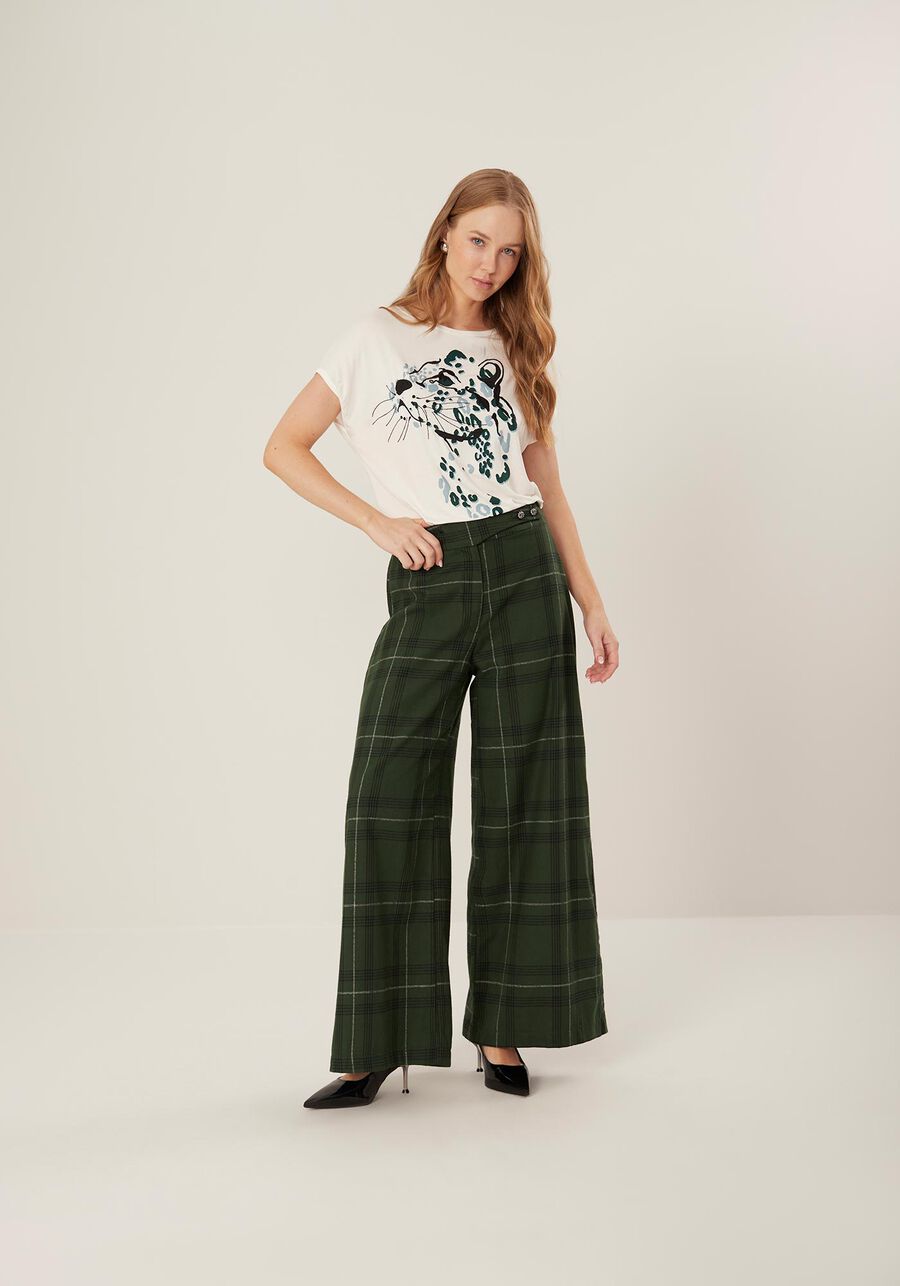 Calça Pantalona Xadrez De Cintura Alta Em Algodão Peletizado, . Calça Pantalona Xadrez De Cintura Alta Em Algodão Peletizado, , large.