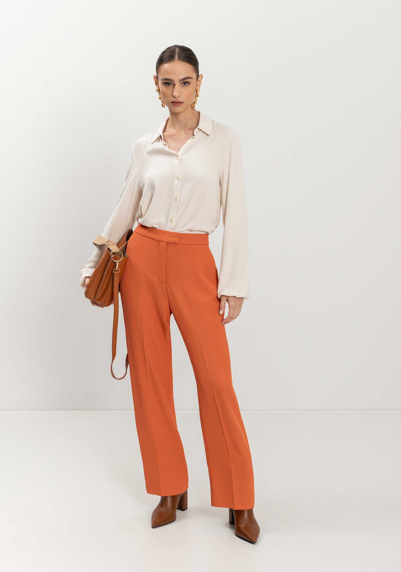 Cal&ccedil;a Reta De Cintura M&eacute;dia Com Bolsos, , large.