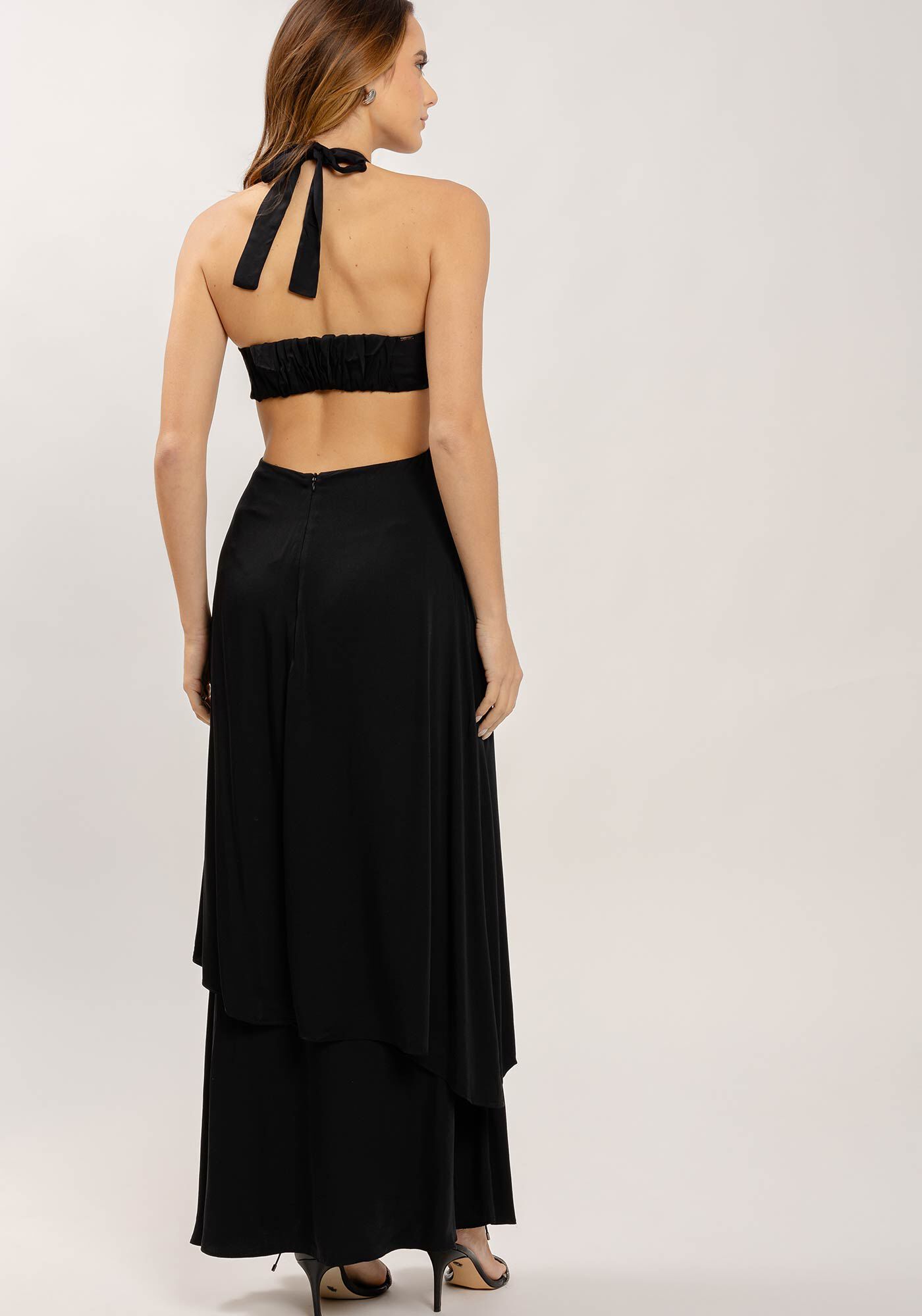 Vestido Longo Frente &Uacute;nica com Franzido e Cut, , large.