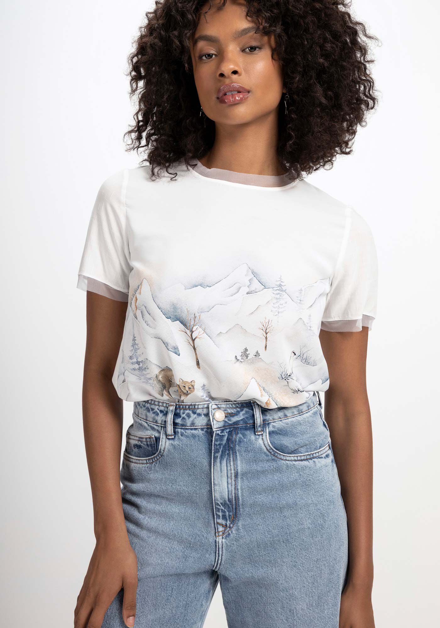 Blusa Estampada com Detalhes Tule, FOX, large.