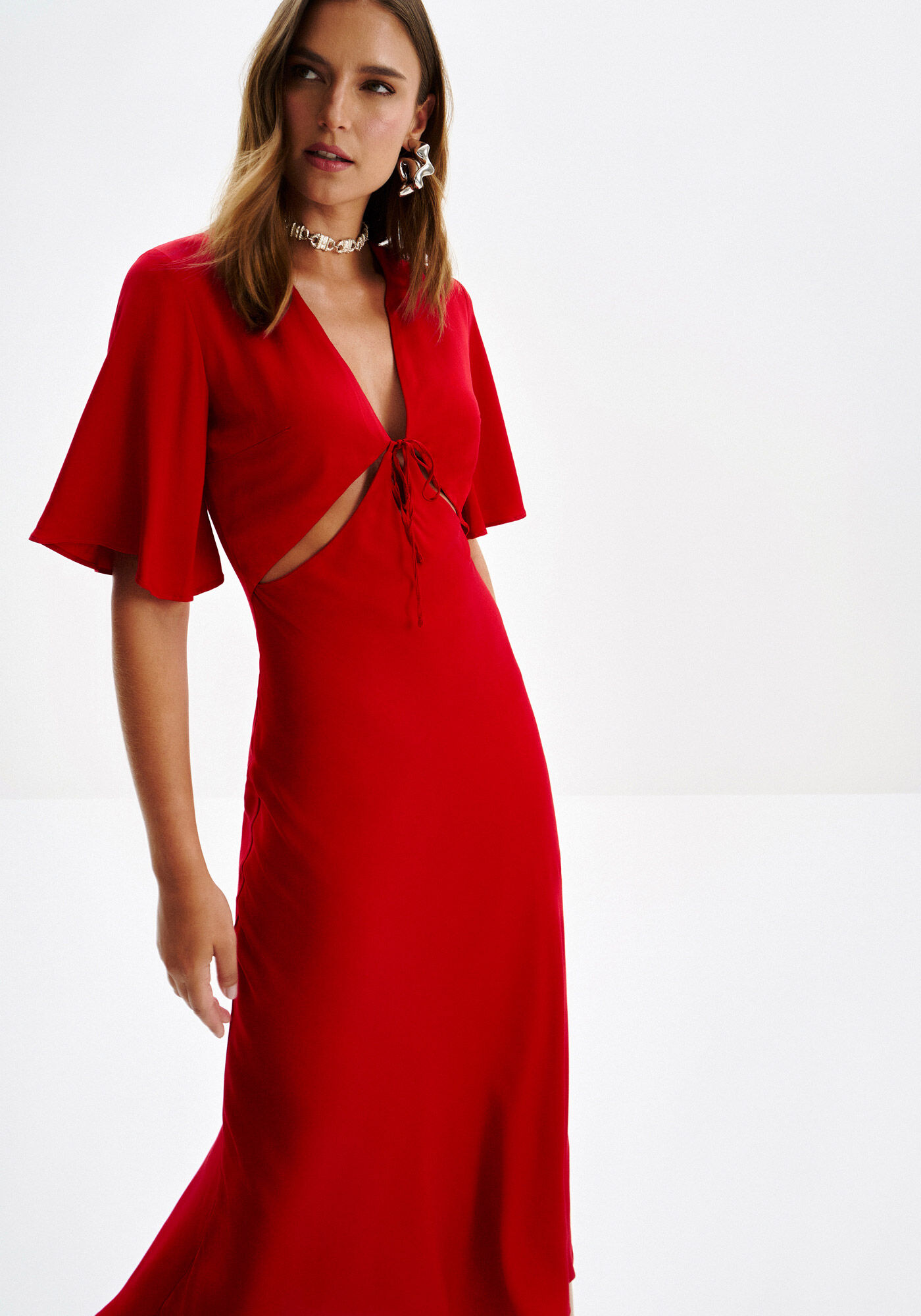 Vestido Midi Manga Flare com Cut e Amarra&ccedil;&atilde;o, , large.